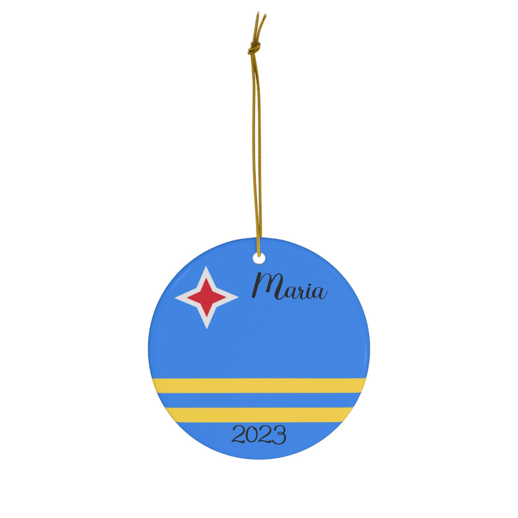 Personalized Aruba Ceramic Ornament Christmas Decor, Holiday Decoration, Aruban Flag, World Travel, Caribbean Island, Blue, Yellow, Souvenir