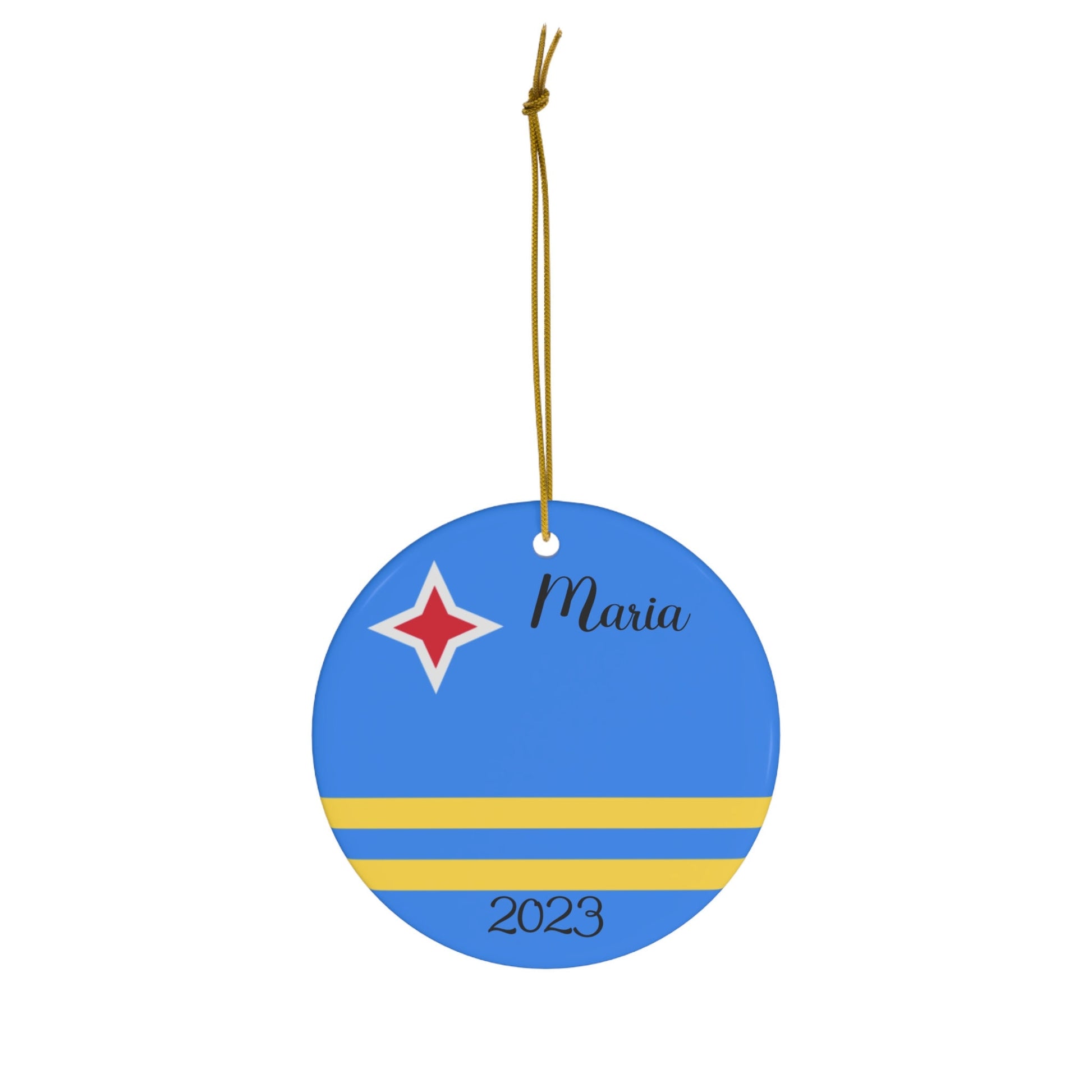Personalized Aruba Ceramic Ornament Christmas Decor, Holiday Decoration, Aruban Flag, World Travel, Caribbean Island, Blue, Yellow, Souvenir