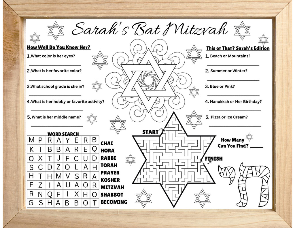 Personalized Bat Mitzvah Placemat, Bat Mitzvah Games, Bat Mitzvah Favors