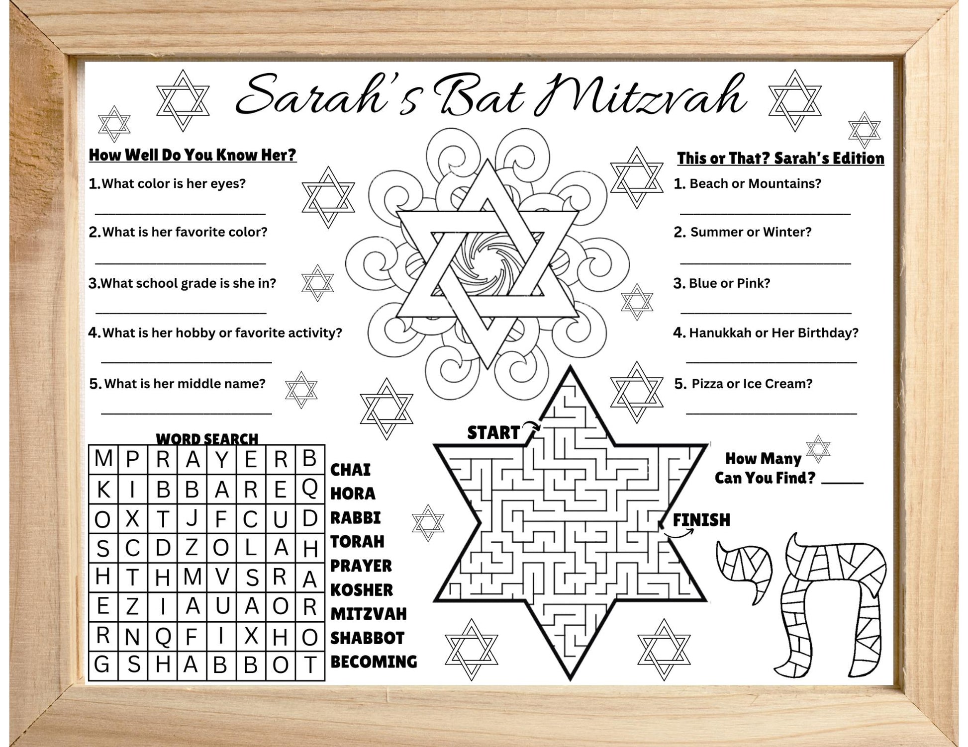 Personalized Bat Mitzvah Placemat, Bat Mitzvah Games, Bat Mitzvah Favors