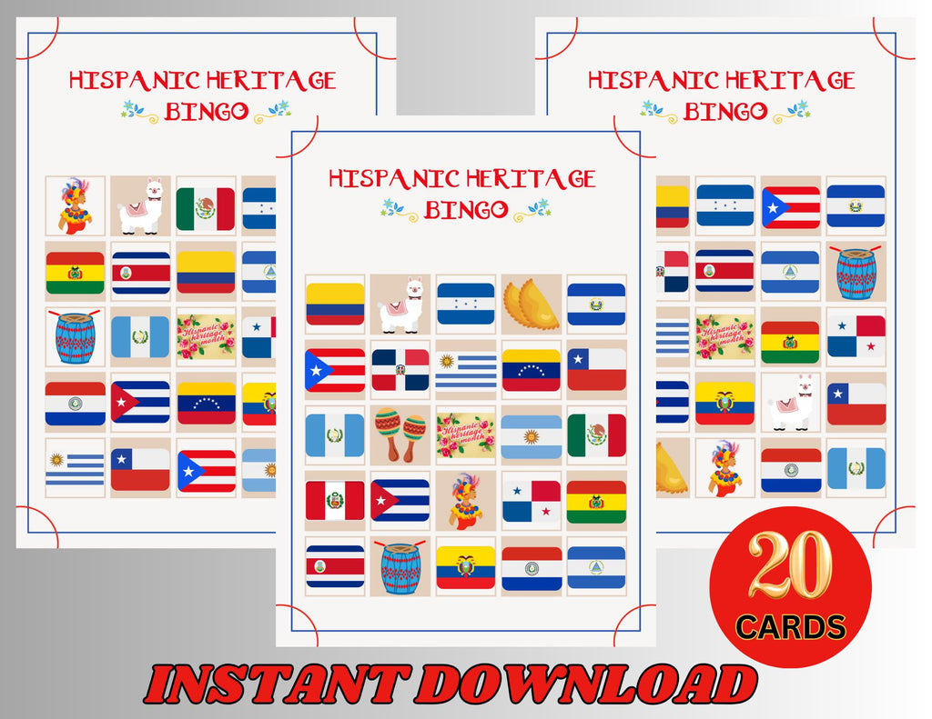 Hispanic Heritage Month Bingo, 20 Printable Bingo Cards, Hispanic Heritage Games, Spanish Speaking Countries Activity, Cultural Education