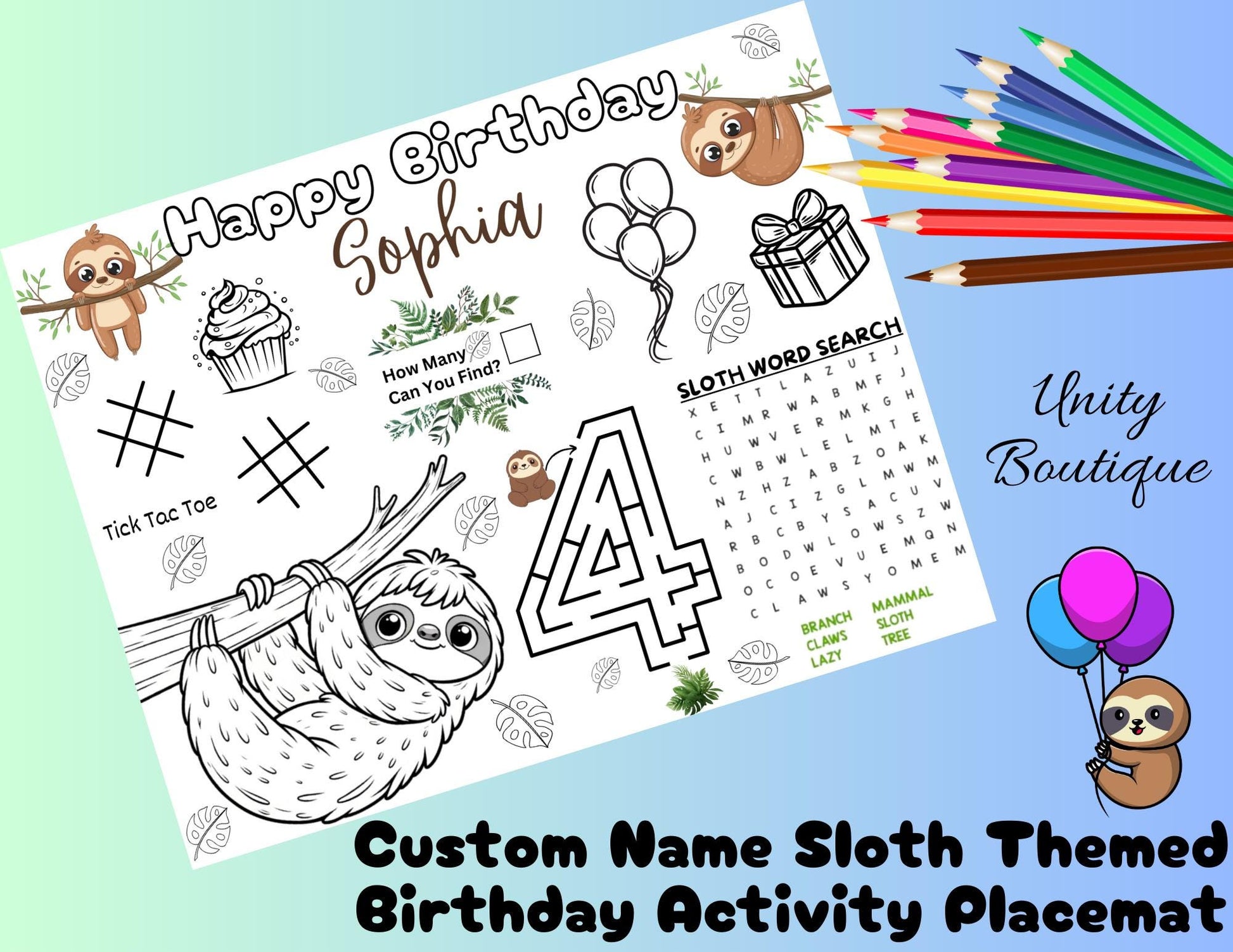 Personalized Sloth Birthday Activity Placemat, Sloth Party Favors, Sloth Party Supplies