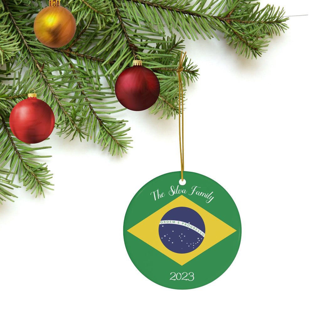 Personalized Brazil Brazilian Flag Green Yellow Blue Round Porcelain Ceramic Custom Christmas Ornament Gift Decoration Holiday World Travel