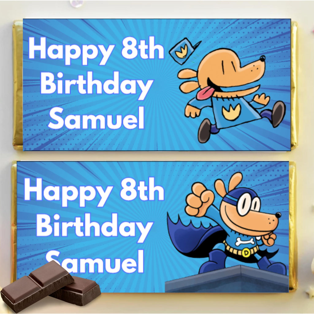 Personalized Dog Man Chocolate Bar Wrapper Labels, Custom Dog Man Chocolate Bar Wrapper, Dog Man Party Favor, Dog Man Party Decor