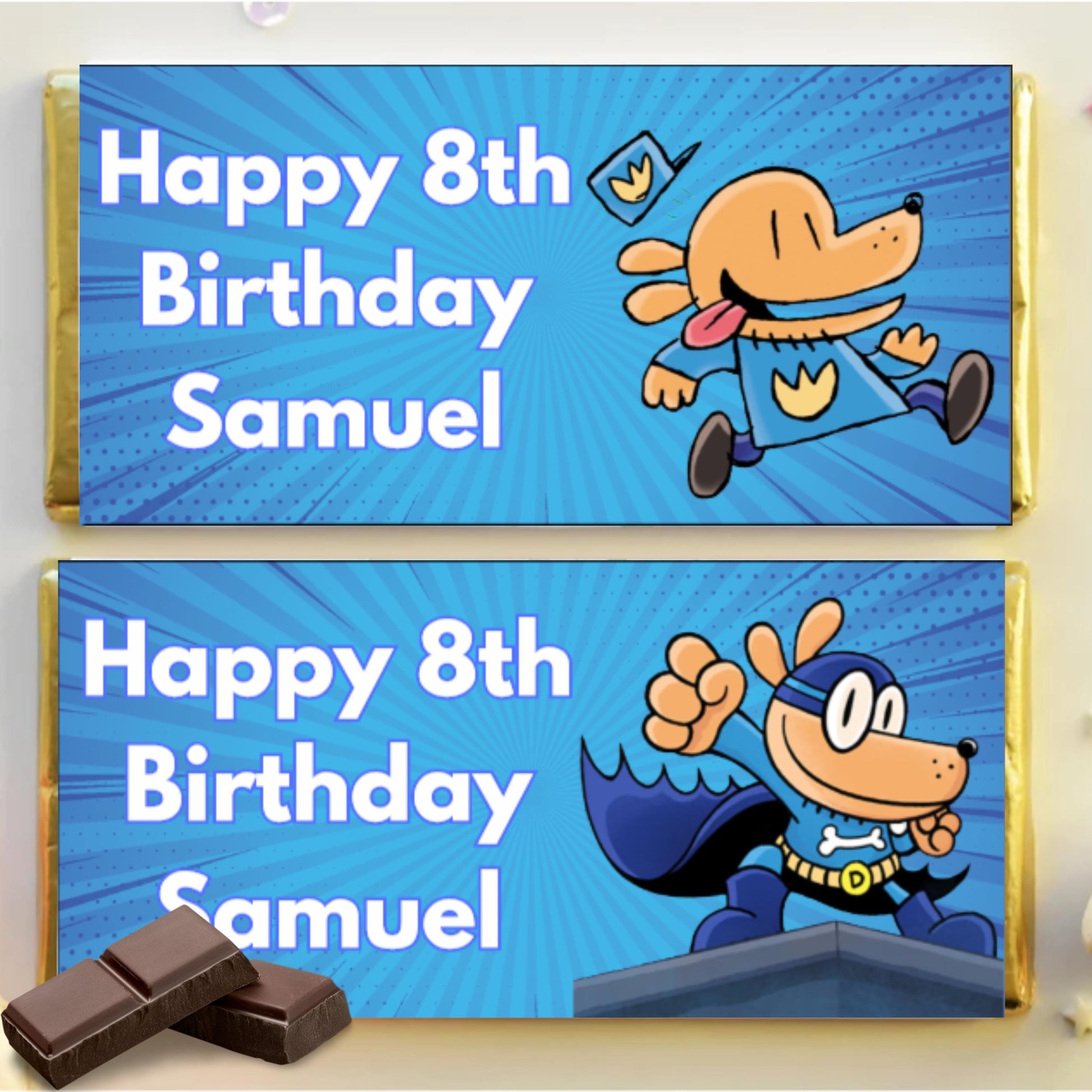 Personalized Dog Man Chocolate Bar Wrapper Labels, Custom Dog Man Chocolate Bar Wrapper, Dog Man Party Favor, Dog Man Party Decor