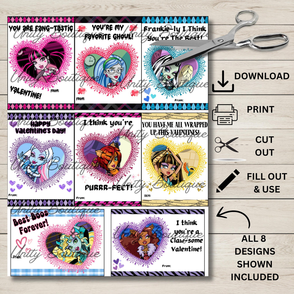 Printable Monster High Valentine Cards, Instant Download Monster High School Valentines, DYI Monster High Classroom Valentines Cards