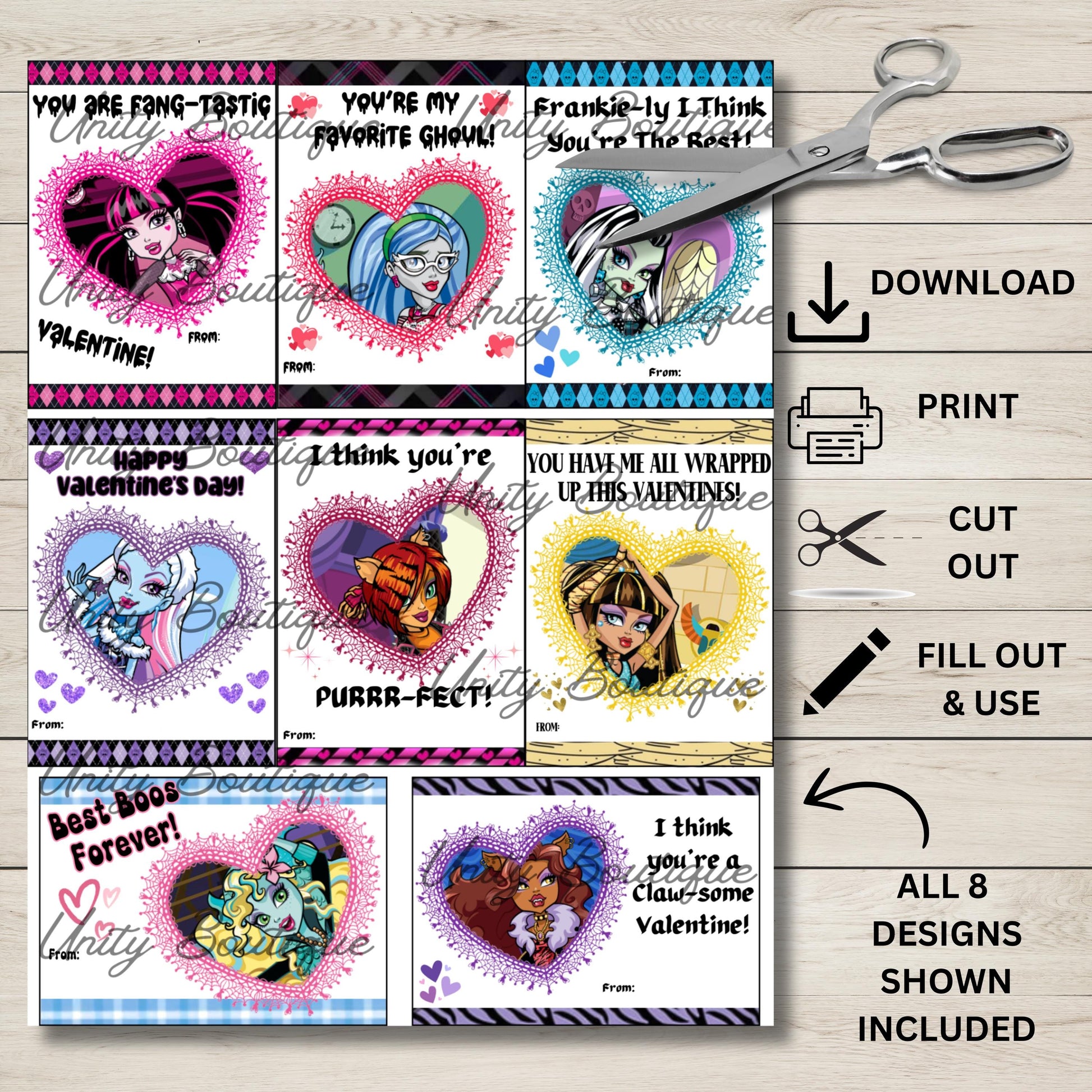 Printable Monster High Valentine Cards, Instant Download Monster High School Valentines, DYI Monster High Classroom Valentines Cards