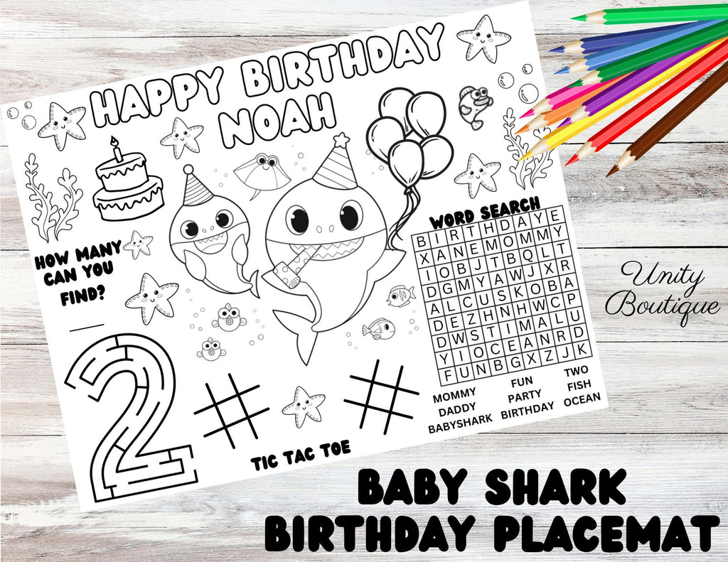 Personalized Baby Shark Birthday Activity Placemat, Custom Baby Shark Party Favor, Baby Shark Coloring Page
