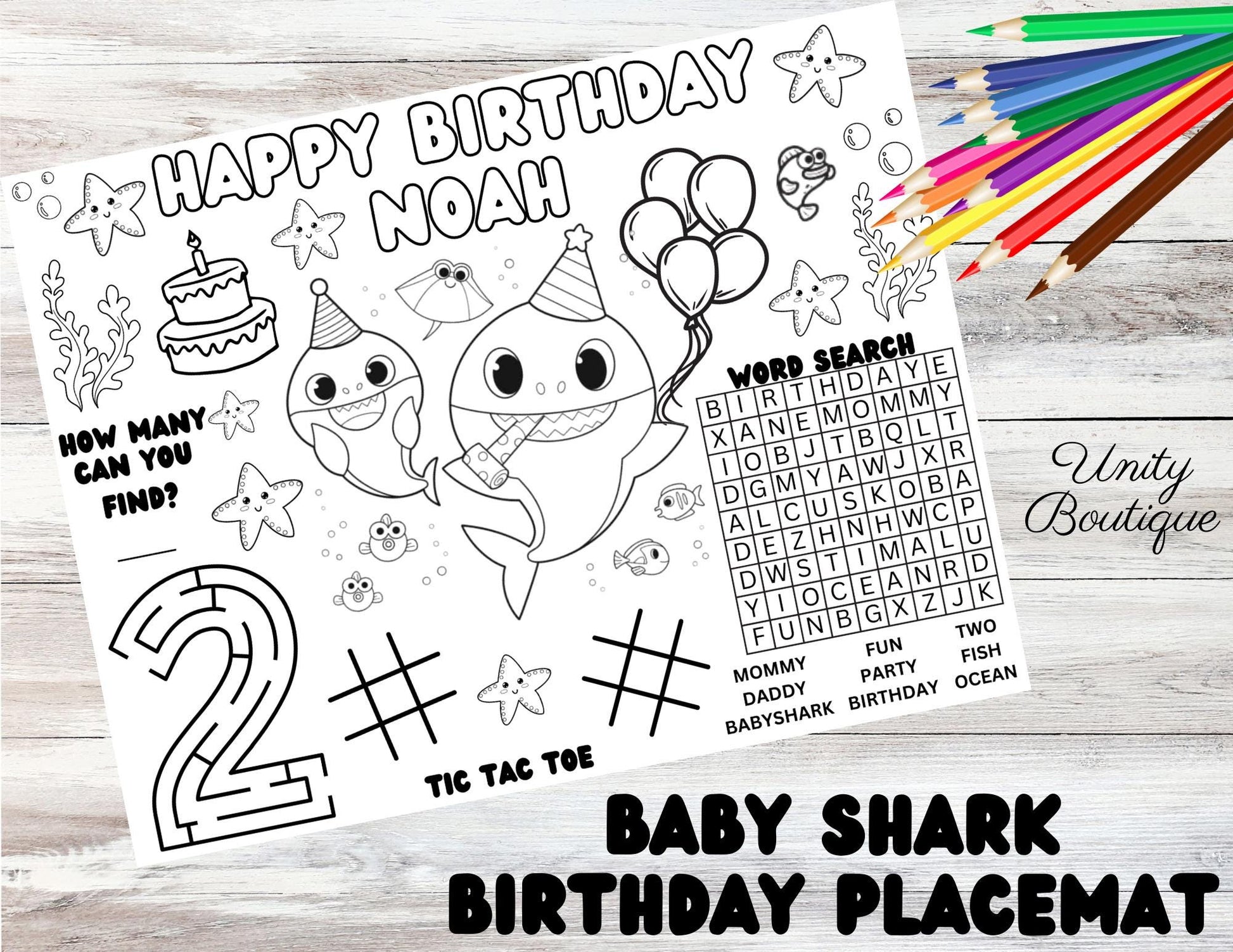 Personalized Baby Shark Birthday Activity Placemat, Custom Baby Shark Party Favor, Baby Shark Coloring Page