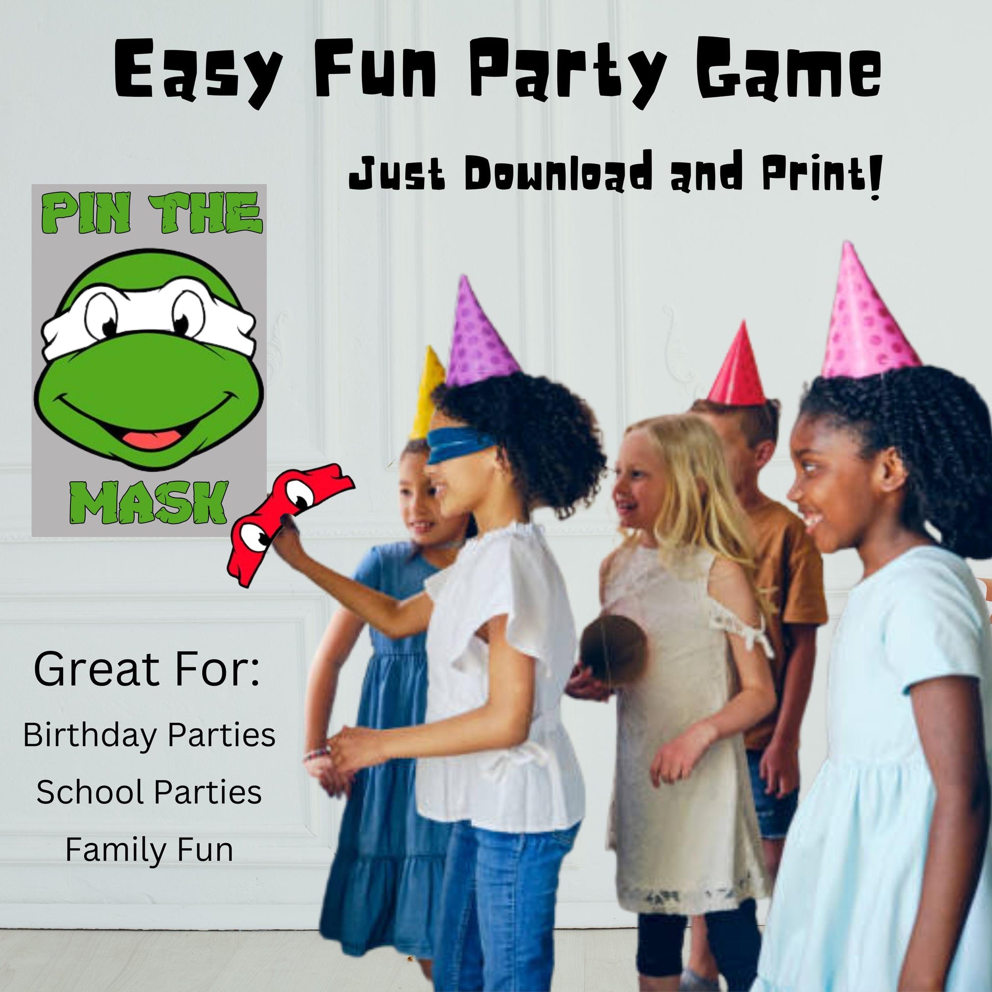 Printable Turtle Pin The Mask Birthday Game, Anime Turtle Party Game, Pin the Mask on Turtle Instant Download, Pizza Turtle Party Game