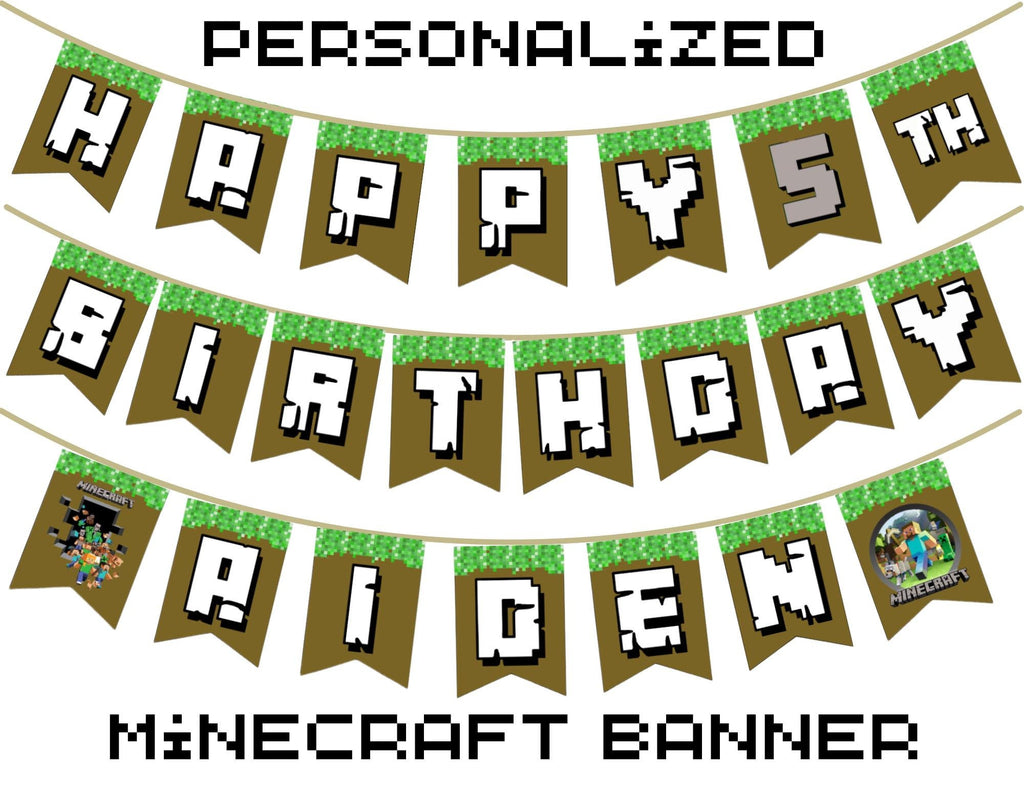 Personalized Minecrafter Birthday Printable Banner, Instant Download Pixel Game Banner, Pixel Craft Birthday Banner, Mine Gamer Party Decor
