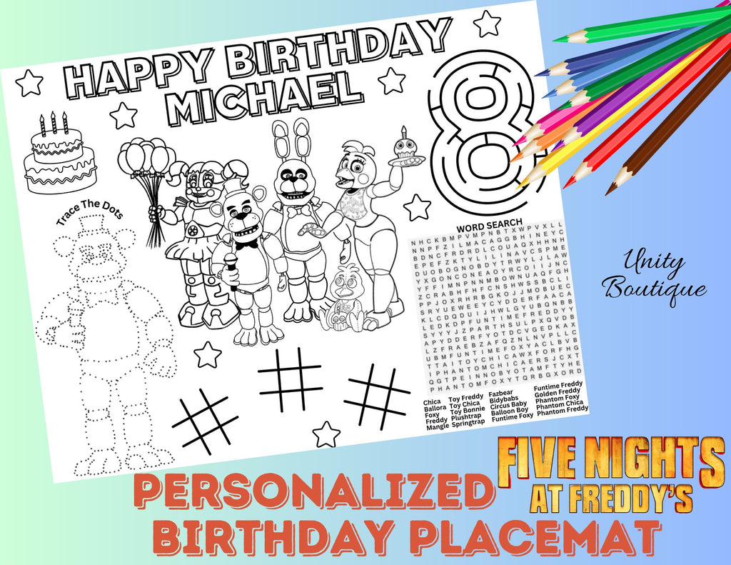 Personalized FNAF Five Nights At Freddy's Birthday Activity Placemat, Freddy Fazbear Party Favor