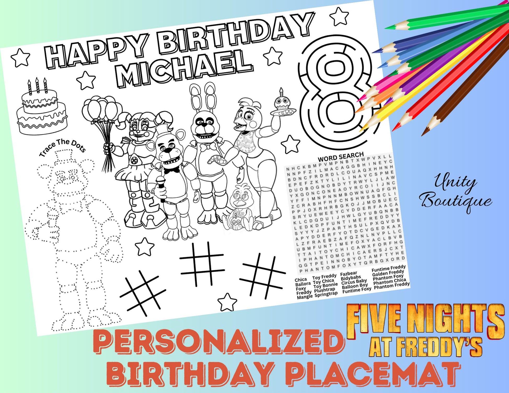 Personalized FNAF Five Nights At Freddy's Birthday Activity Placemat, Freddy Fazbear Party Favor
