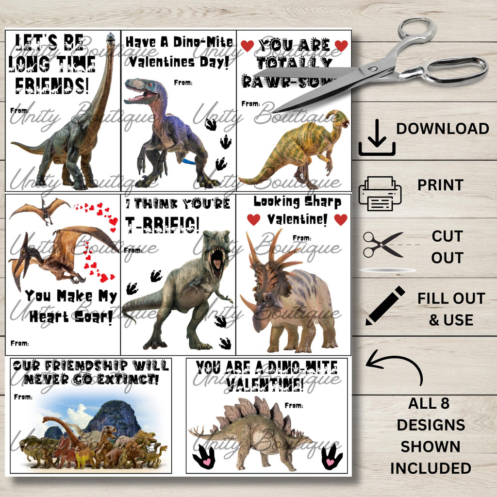 Printable Dinosaur Valentine Cards, Instant Download Jurassic Dino Classroom Valentines, Boy Valentine, Dino Vday Cards, Dino PDF Valentines