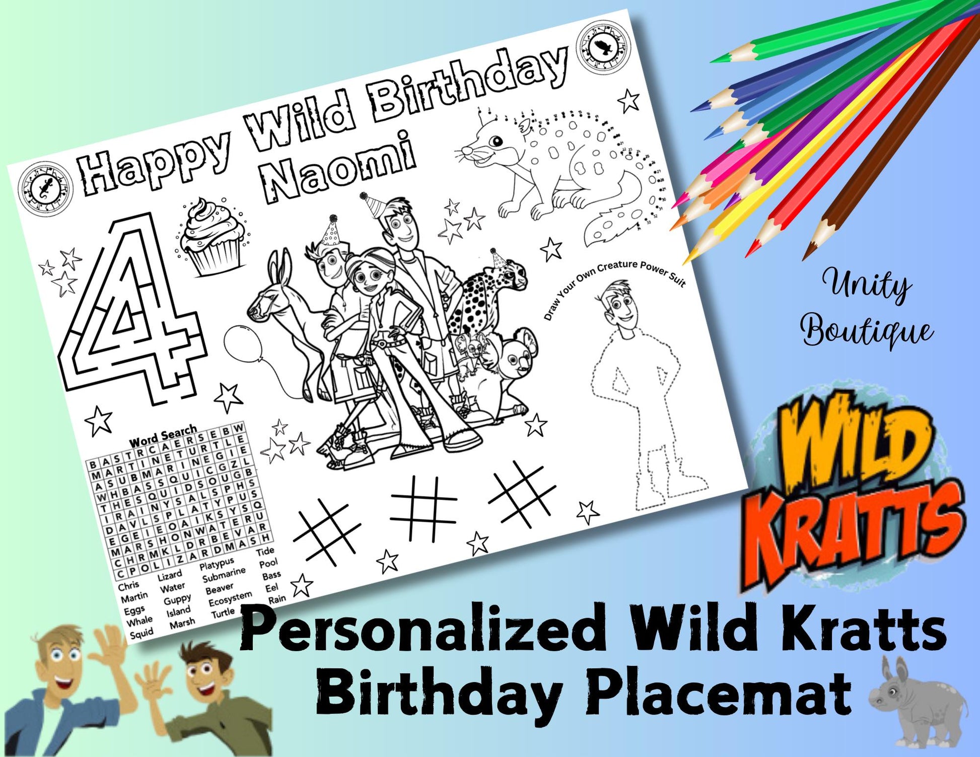 Personalized Wild Kratts Birthday Activity Placemat, Custom Wild Kratts Party Favor, Wild Kratts Coloring Page