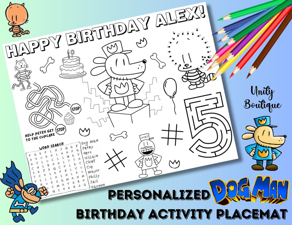 Personalized Dog Man Birthday Activity Placemat, Custom Dog Man Party Favor, Comic Book Character Party Games