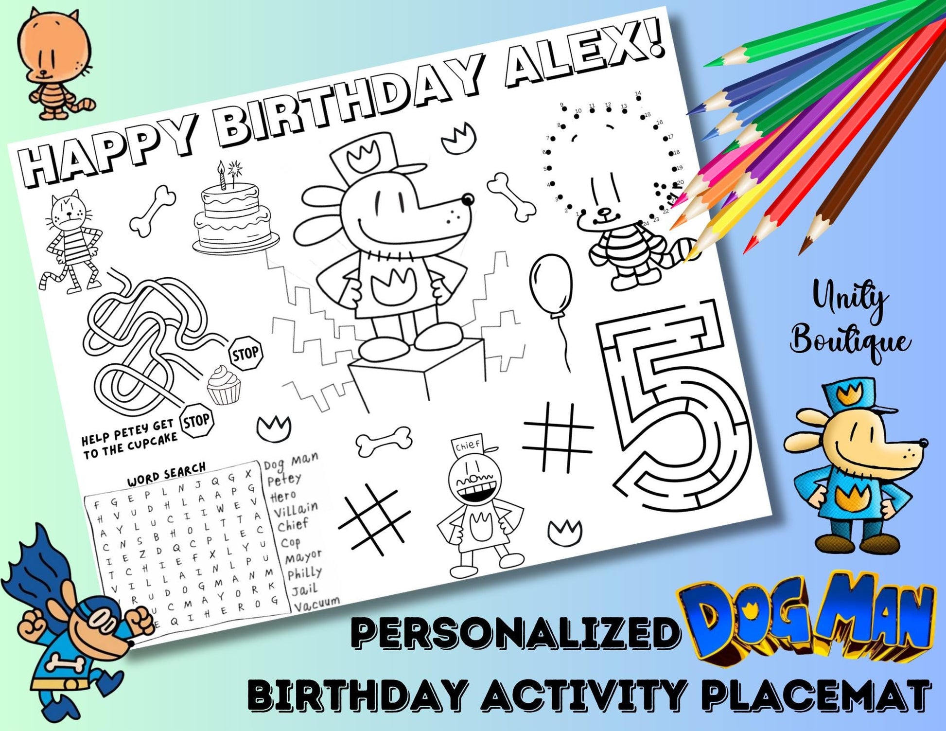 Personalized Dog Man Birthday Activity Placemat, Custom Dog Man Party Favor, Comic Book Character Party Games