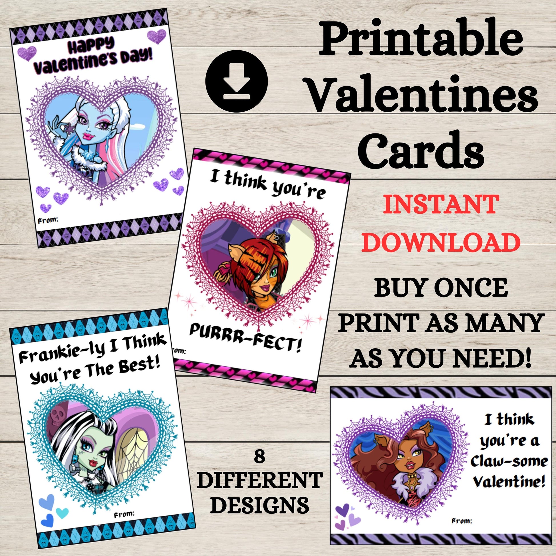 Printable Monster High Valentine Cards, Instant Download Monster High School Valentines, DYI Monster High Classroom Valentines Cards