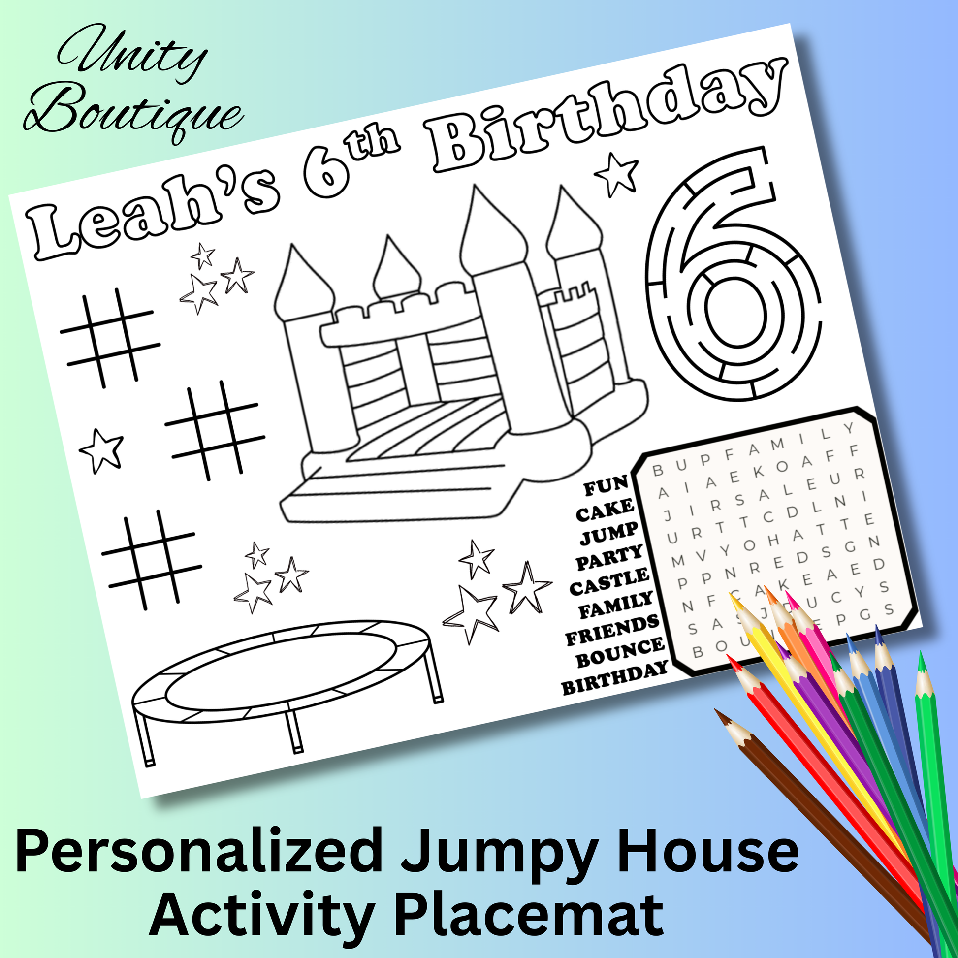 Personalized Jumpy Trampoline Birthday Placemat, Trampoline Party Favor, Bouncy Castle Birthday, Jump Party Activity, Jump Party Color Sheet