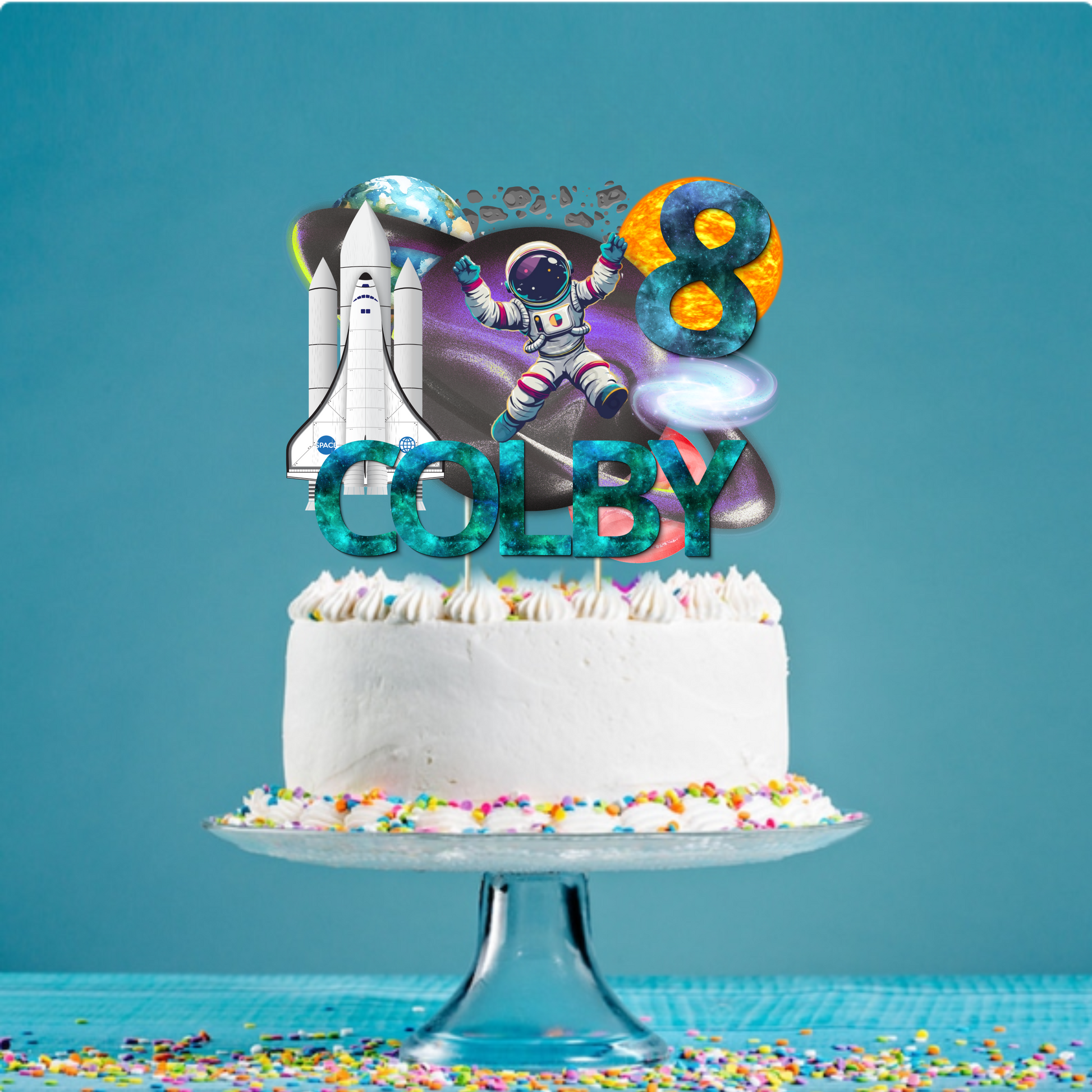 Personalized Space Themed Cake Topper, Custom Outer Space Astronaut Cake Topper, Space Themed Birthday Decor