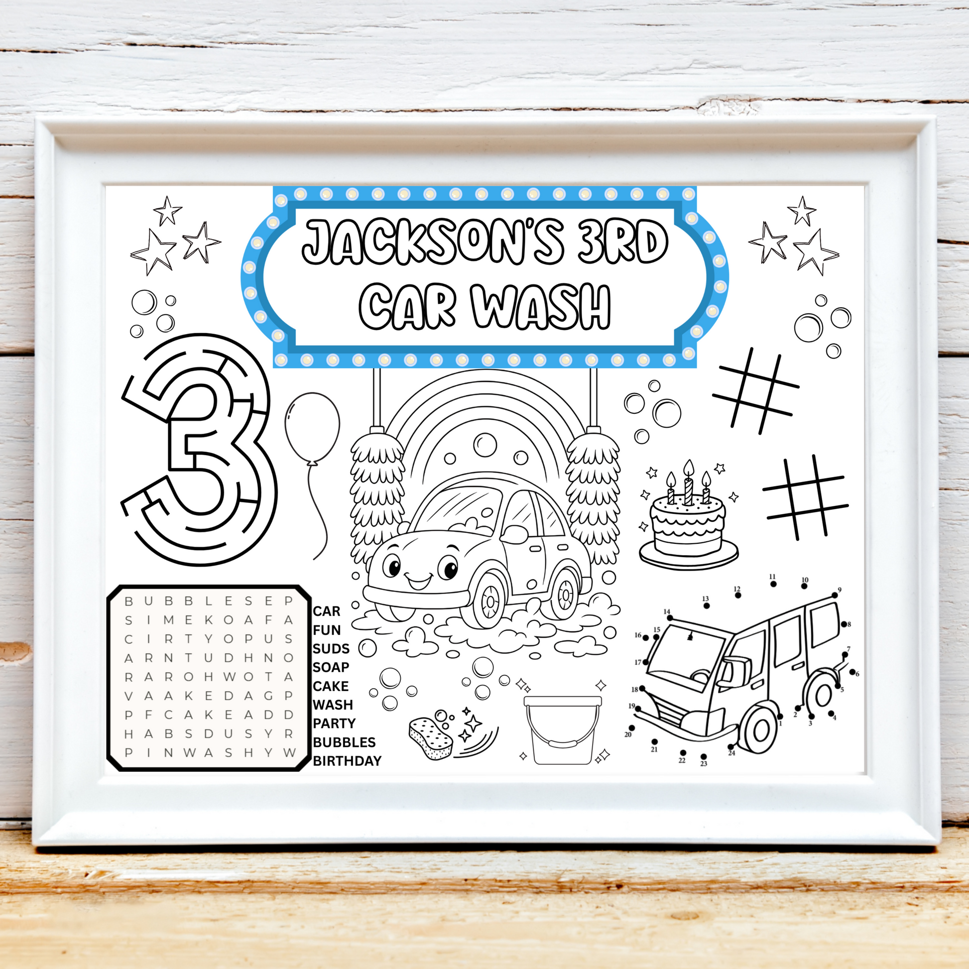 PERSONALIZED Carls Car Wash Theme Birthday Activity Placemat, Car Wash Coloring Sheet, Car Wash Birthday Party Games, Car Wash Party