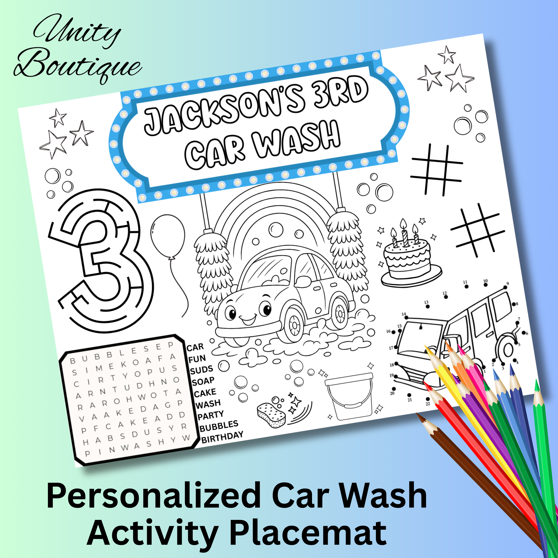 PERSONALIZED Carls Car Wash Theme Birthday Activity Placemat, Car Wash Coloring Sheet, Car Wash Birthday Party Games, Car Wash Party