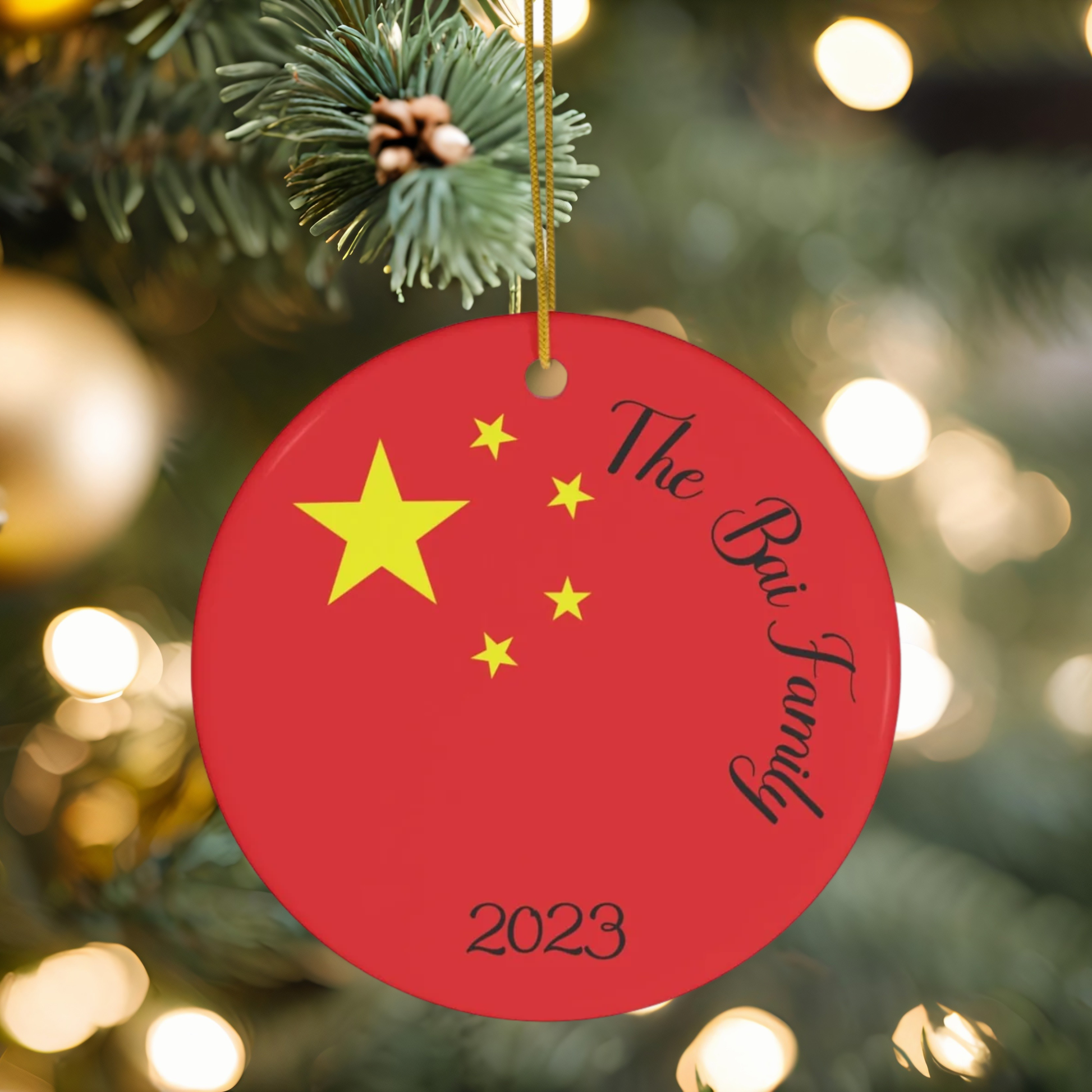 Personalized China Ceramic Christmas Ornament Chinese Flag Gift Holiday Decoration Asia World Heritage Travel Themed Red Round Chinese Decor