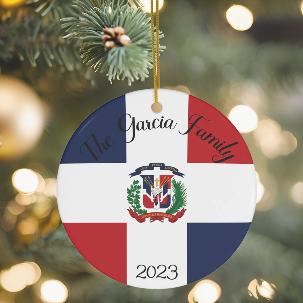 Personalized Dominican Republic Flag Inspired Red Blue White Round Porcelain Ceramic Christmas Ornament Gift Decoration Holiday World Travel