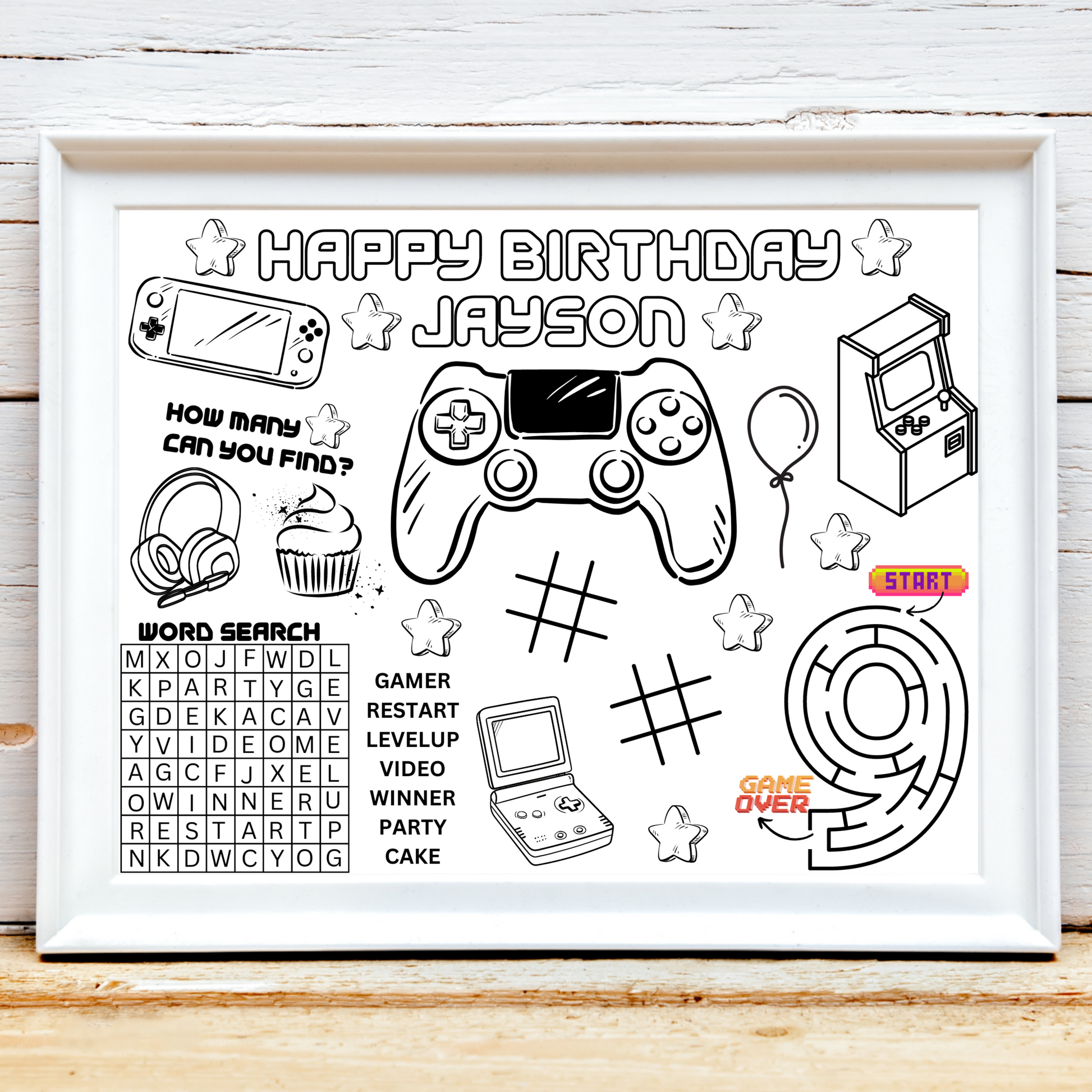 PERSONALIZED Gamer Birthday Activity Placemat, Custom Name/Age Gamer Birthday Coloring Page, Gaming Party Favor