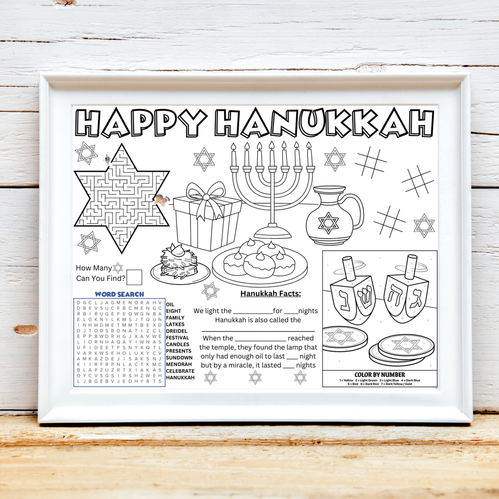 Hanukkah Activity Placemat, Hanukkah Holiday Coloring Page, Jewish Holiday Activity Mat, Hanukkah Learning, Hebrew School Game