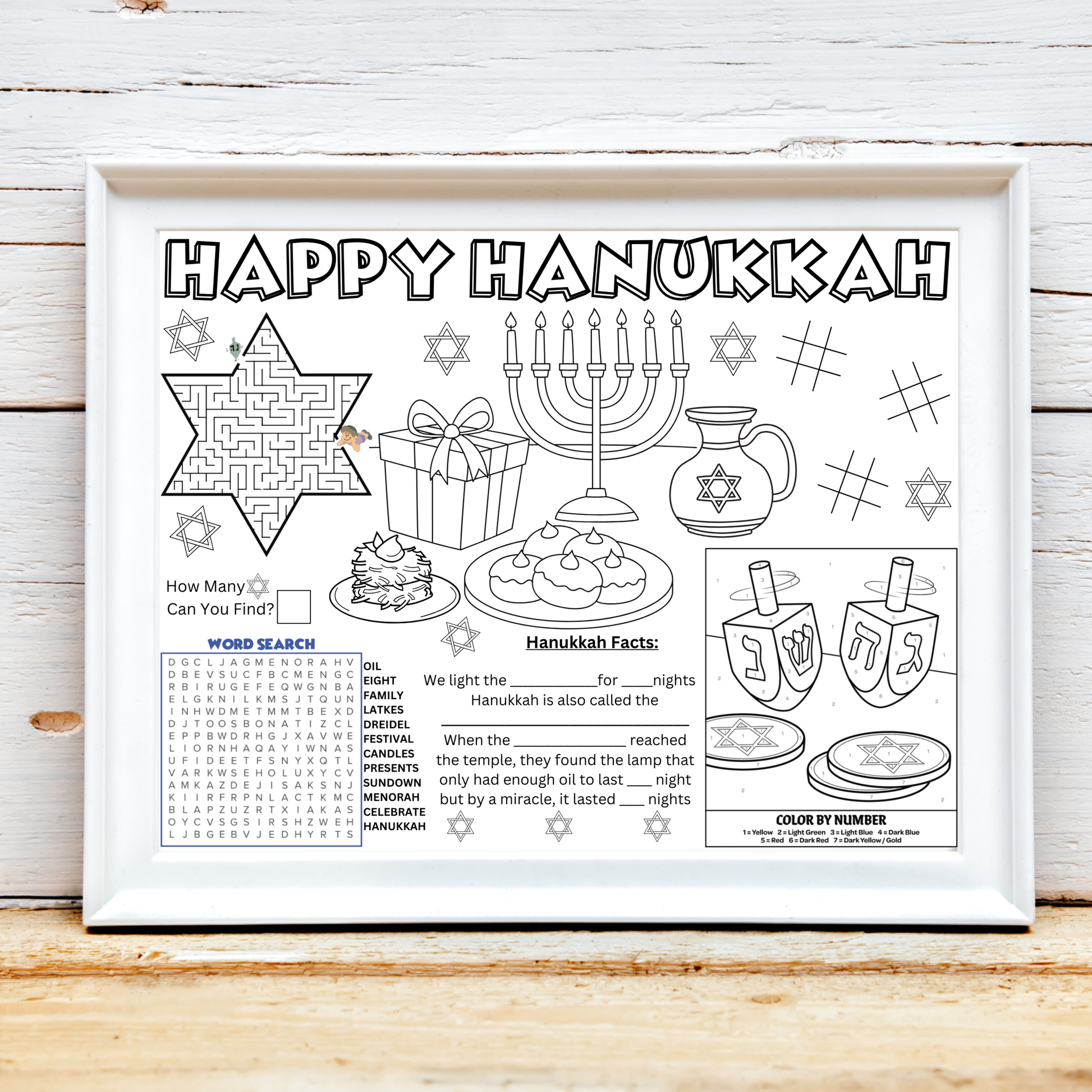 Hanukkah Activity Placemat, Hanukkah Holiday Coloring Page, Jewish Holiday Activity Mat, Hanukkah Learning, Hebrew School Game