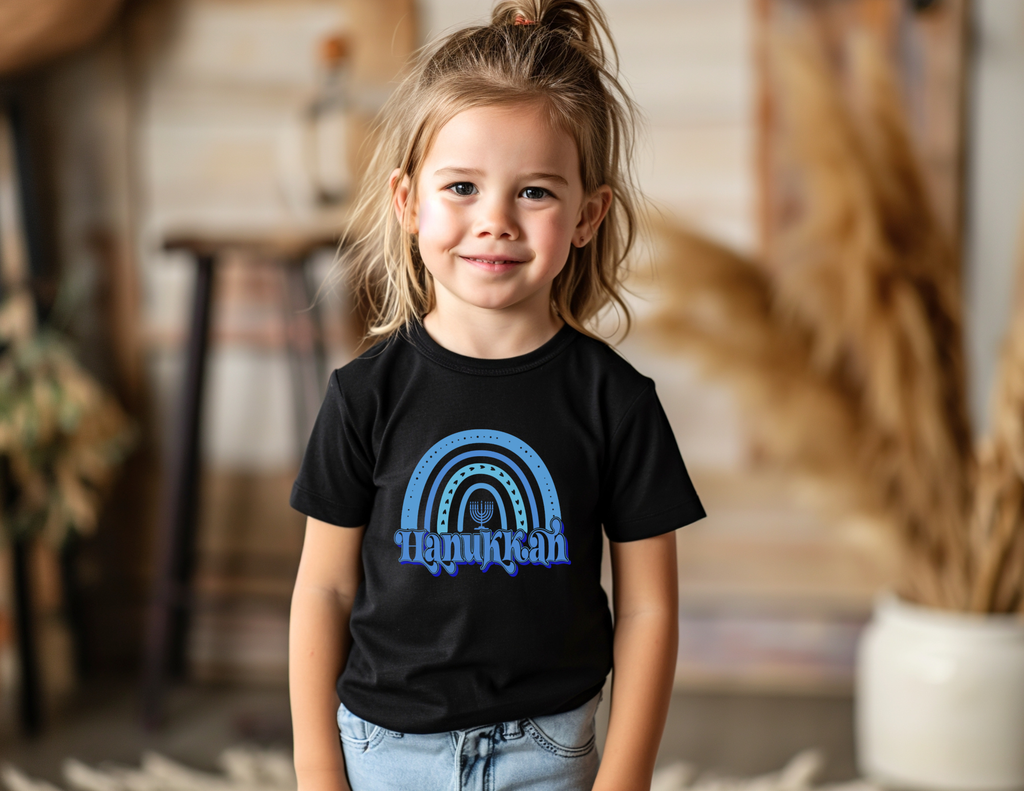 Hanukkah Kids Shirt, Toddler Blue Boho Rainbow Hanukkah T-shirt, Jewish Holiday Shirt, Baby Hanukkah Shirt