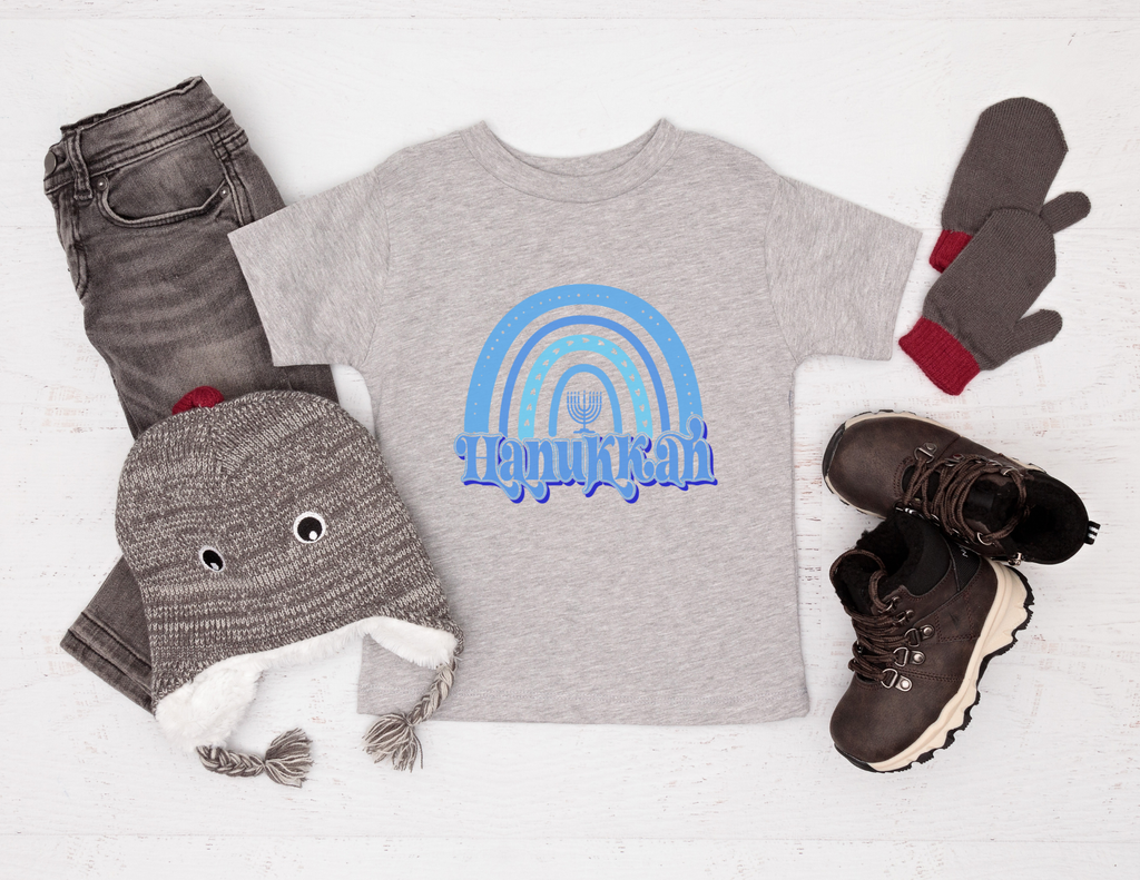 Hanukkah Kids Shirt, Toddler Blue Boho Rainbow Hanukkah T-shirt, Jewish Holiday Shirt, Baby Hanukkah Shirt