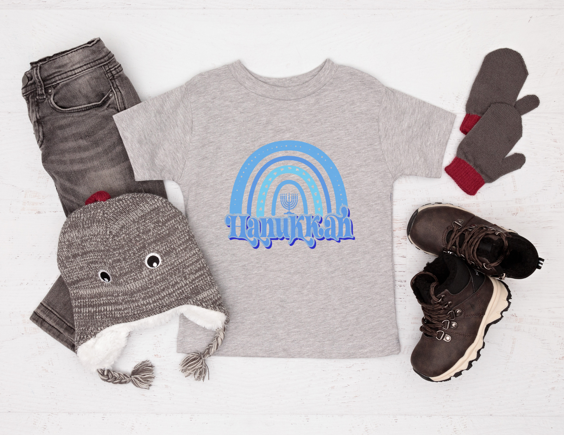 Hanukkah Kids Shirt, Toddler Blue Boho Rainbow Hanukkah T-shirt, Jewish Holiday Shirt, Baby Hanukkah Shirt