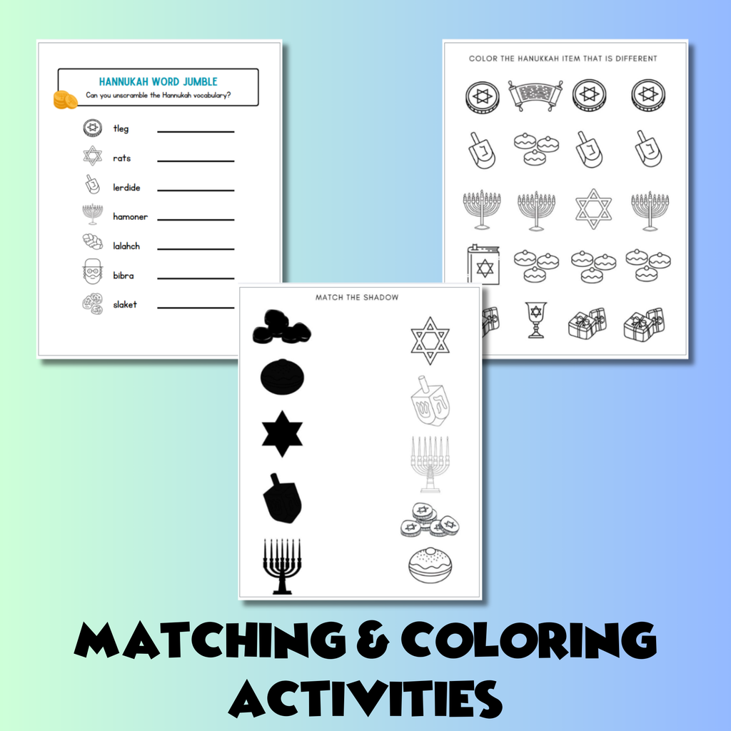 Hanukkah Activity Pack, Chanukah Printable, Hanukkah Coloring Pages, Jewish Holiday Coloring Pages for Toddler & Preschool, Hebrew School, Jewish Learning