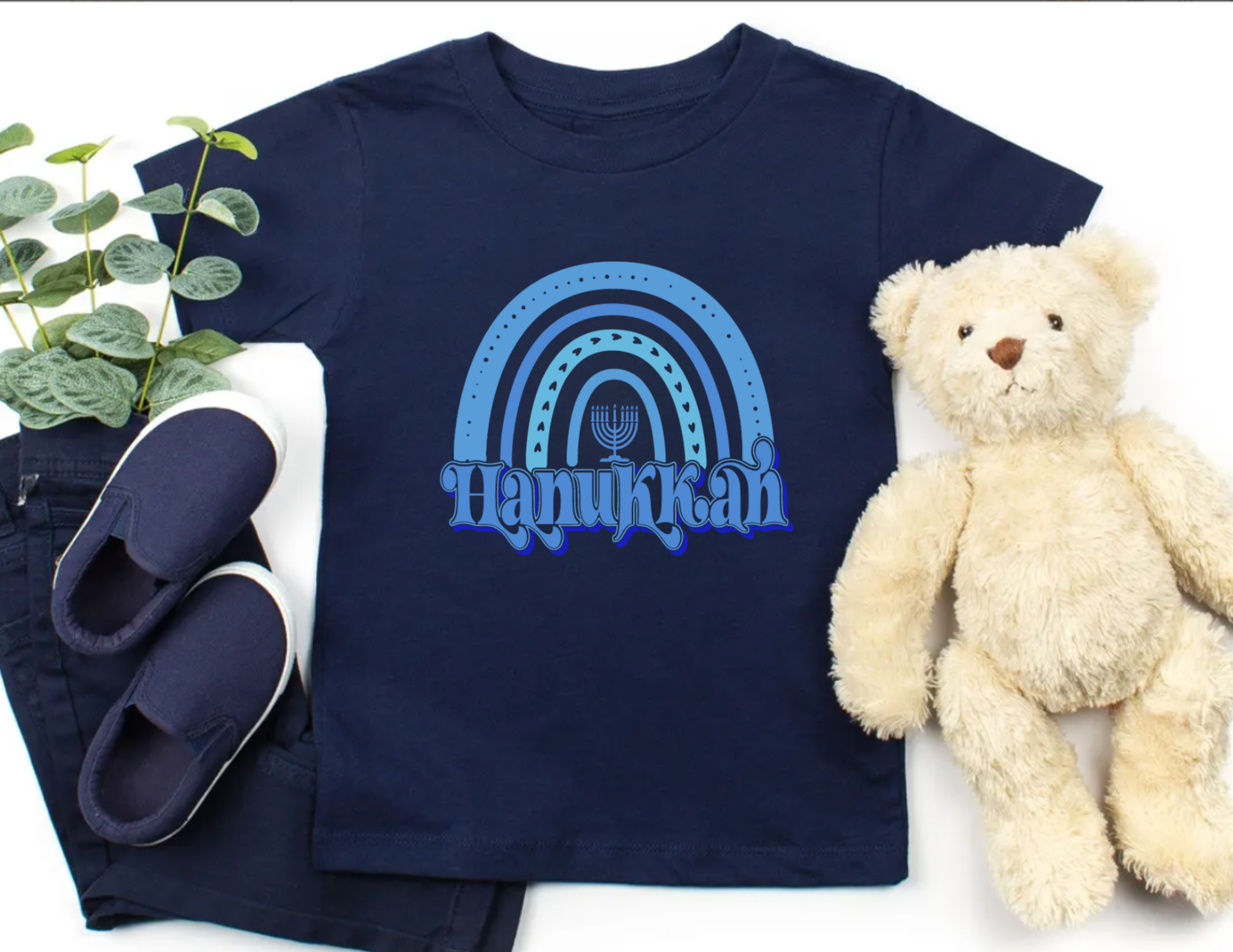 Hanukkah Kids Shirt, Toddler Blue Boho Rainbow Hanukkah T-shirt, Jewish Holiday Shirt, Baby Hanukkah Shirt