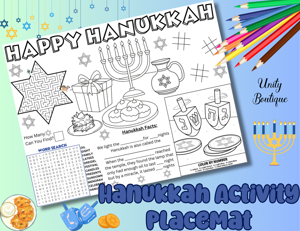 Hanukkah Activity Placemat, Hanukkah Holiday Coloring Page, Jewish Holiday Activity Mat, Hanukkah Learning, Hebrew School Game