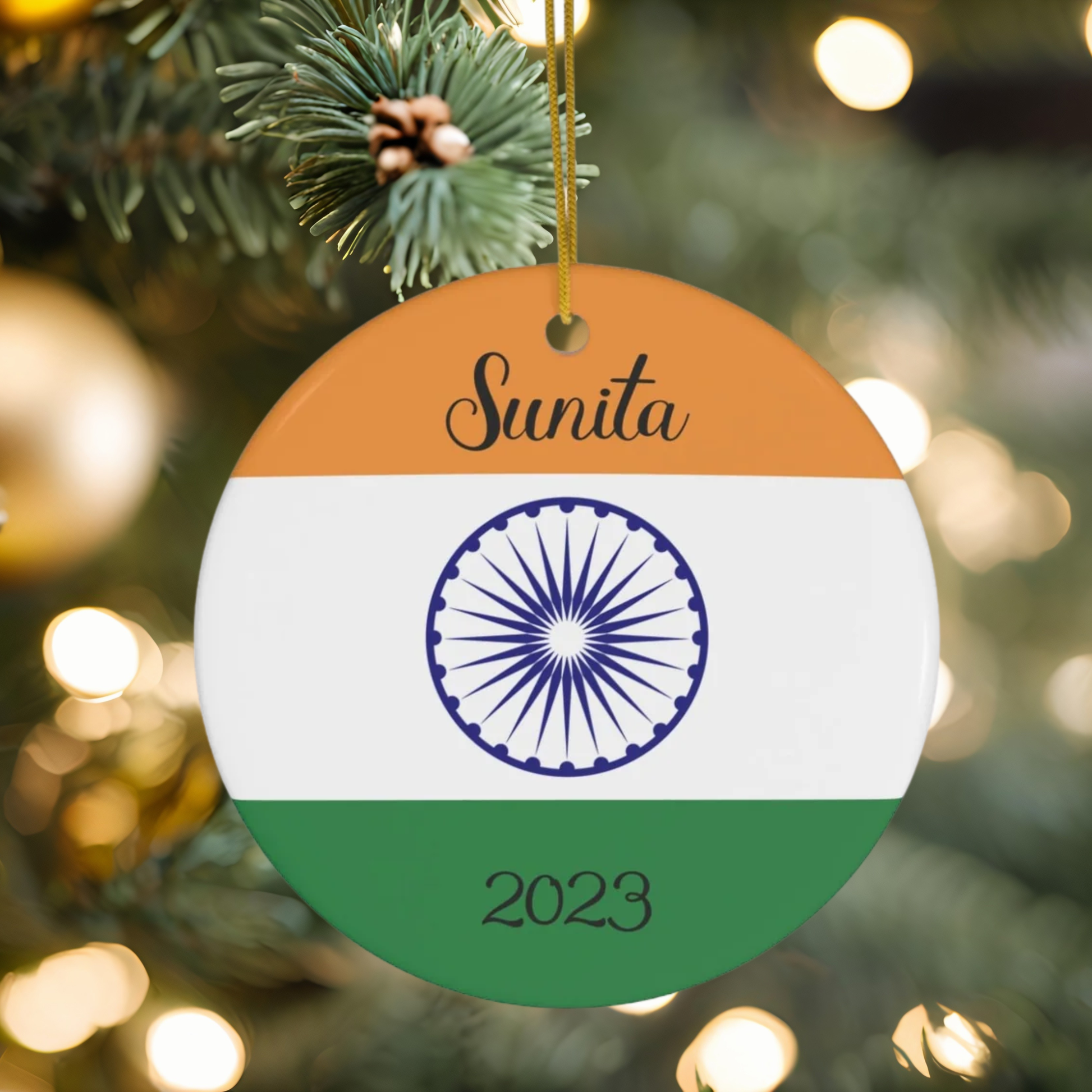 Personalized India Ornament, Christmas Decor, Holiday Decorations, Indian Flag Print, Delhi, Mumbai, Asia, World Travel, Gift, Souvenir