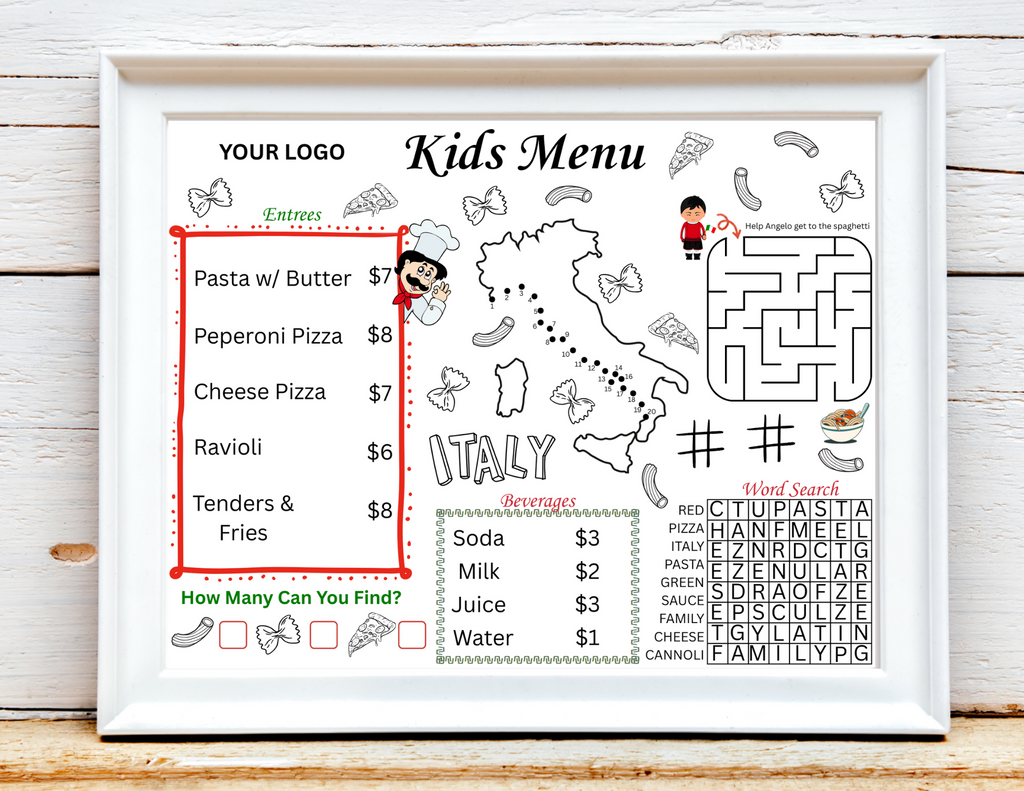 Printable Kid's Menu Template, Italian Pizzeria Restaurant Editable Kids Menu, Italian Themed Printable Placemat, Italy Activity Mat