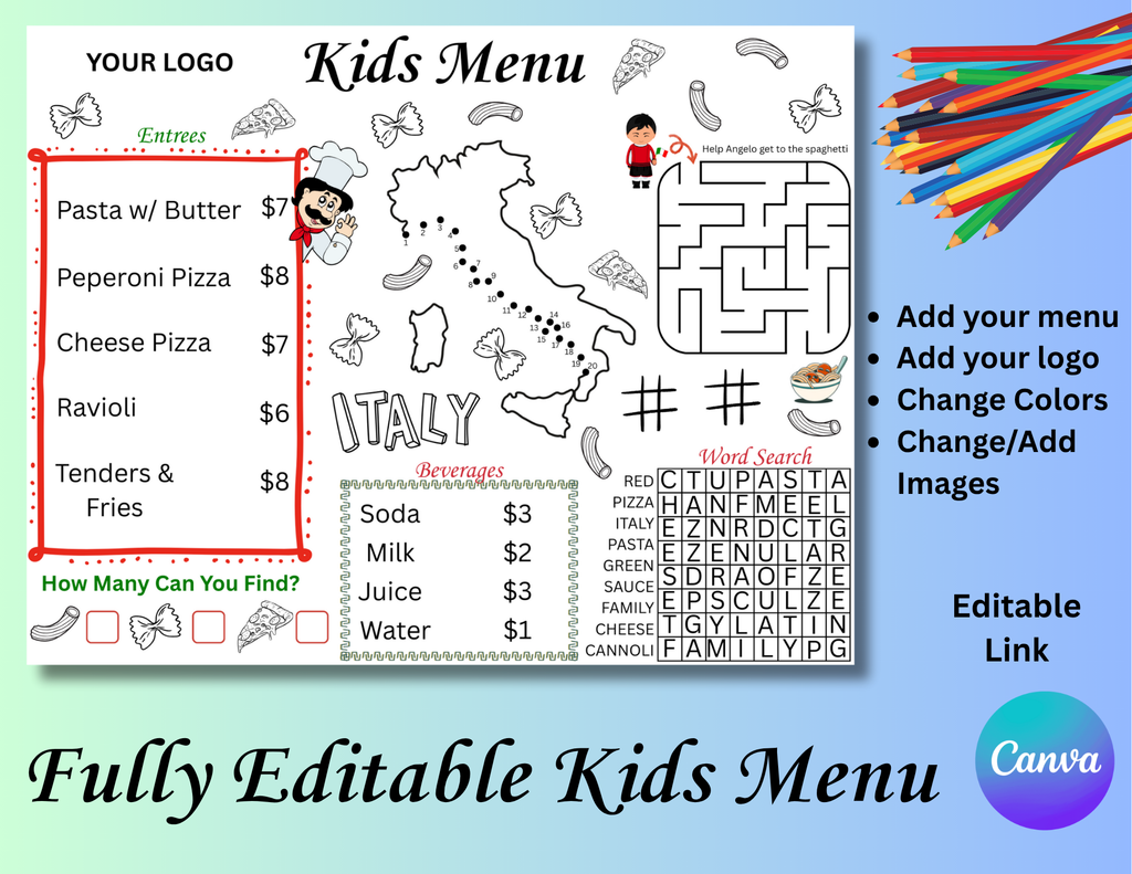 Printable Kid's Menu Template, Italian Pizzeria Restaurant Editable Kids Menu, Italian Themed Printable Placemat, Italy Activity Mat