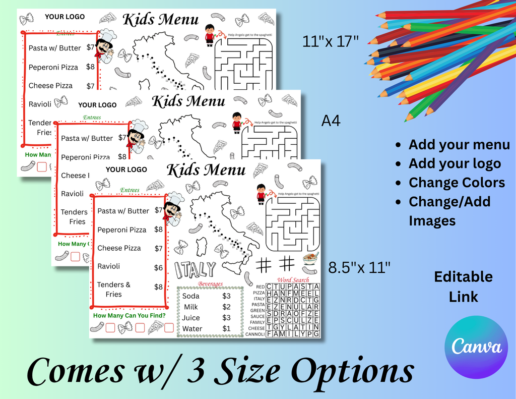 Printable Kid's Menu Template, Italian Pizzeria Restaurant Editable Kids Menu, Italian Themed Printable Placemat, Italy Activity Mat
