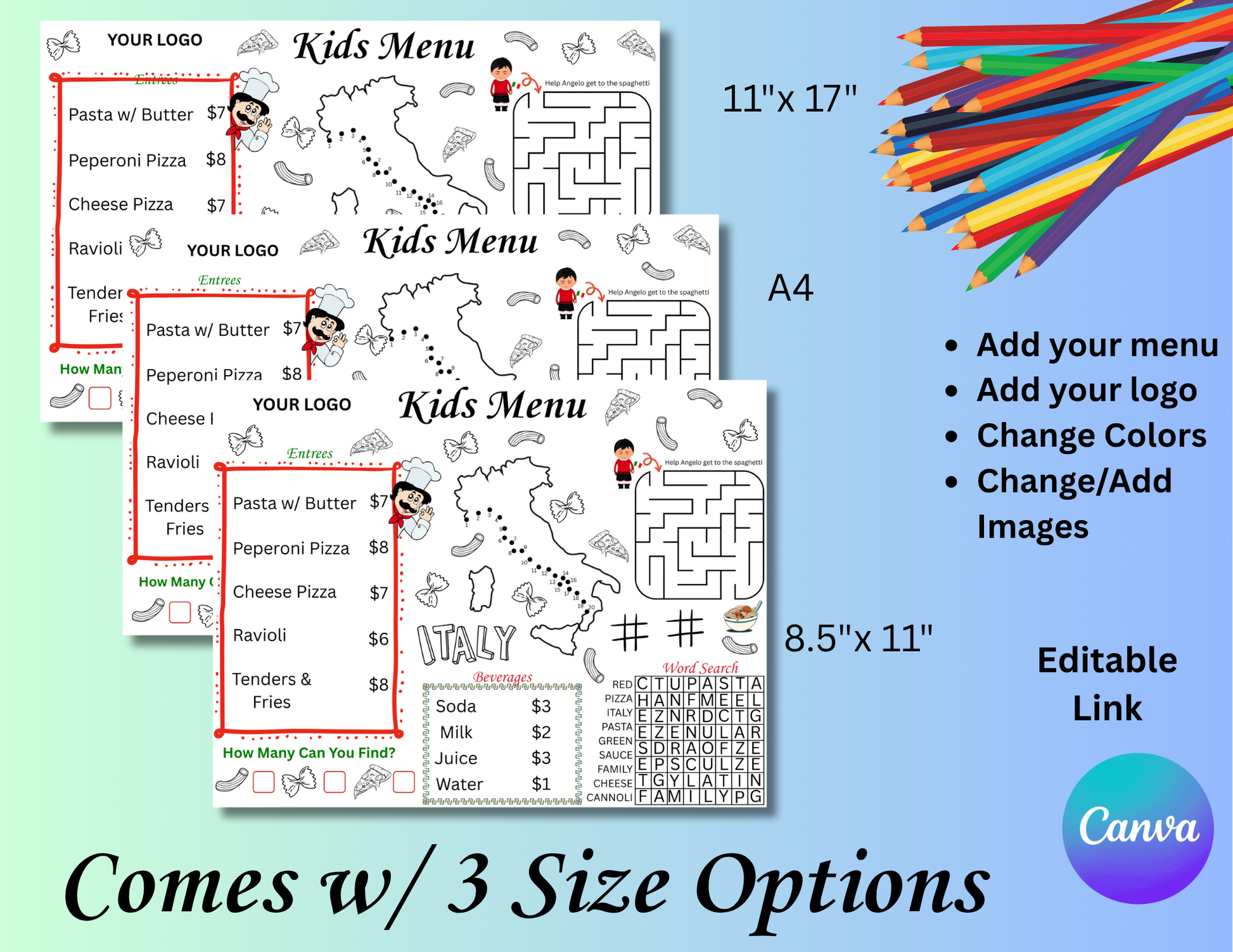 Printable Kid's Menu Template, Italian Pizzeria Restaurant Editable Kids Menu, Italian Themed Printable Placemat, Italy Activity Mat