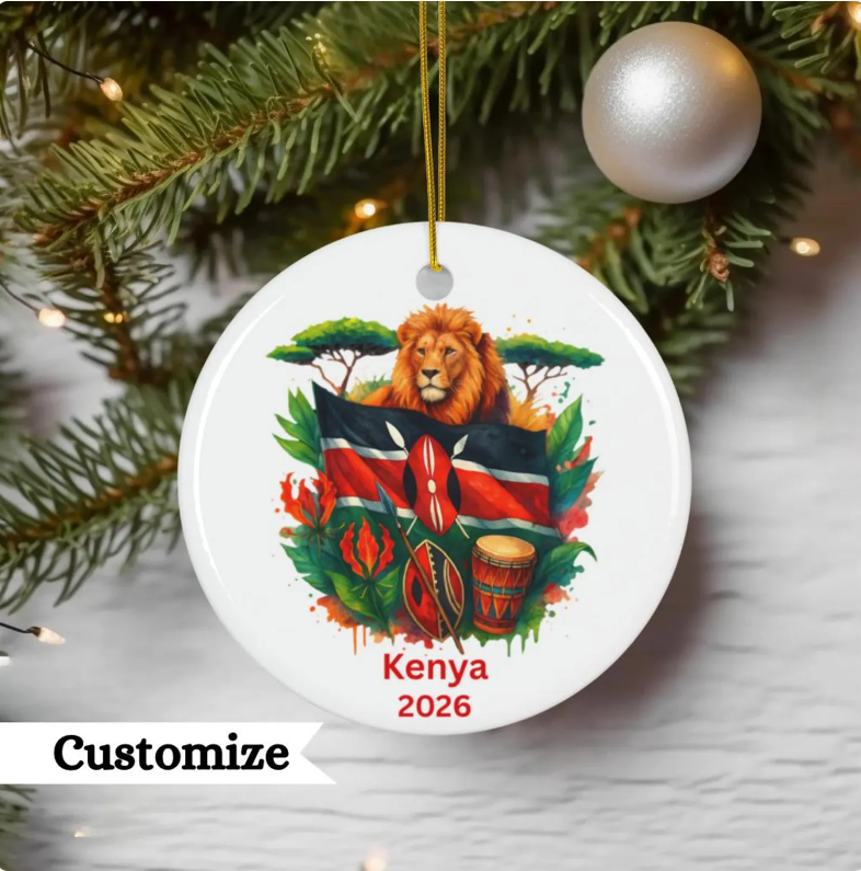 Personalized Kenya Ornament, Kenya Christmas Ornament, African Gift, Kenya Souvenir, Lion Christmas Ornament, Kenyan Flag, African Decor