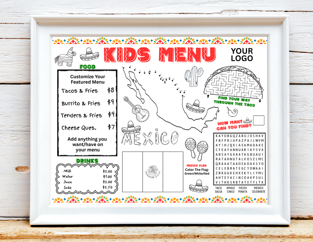 Printable Kid's Menu Template, Mexican Restaurant Editable Kids Menu, Mexican Themed Printable Placemat, Mexico Activity Mat