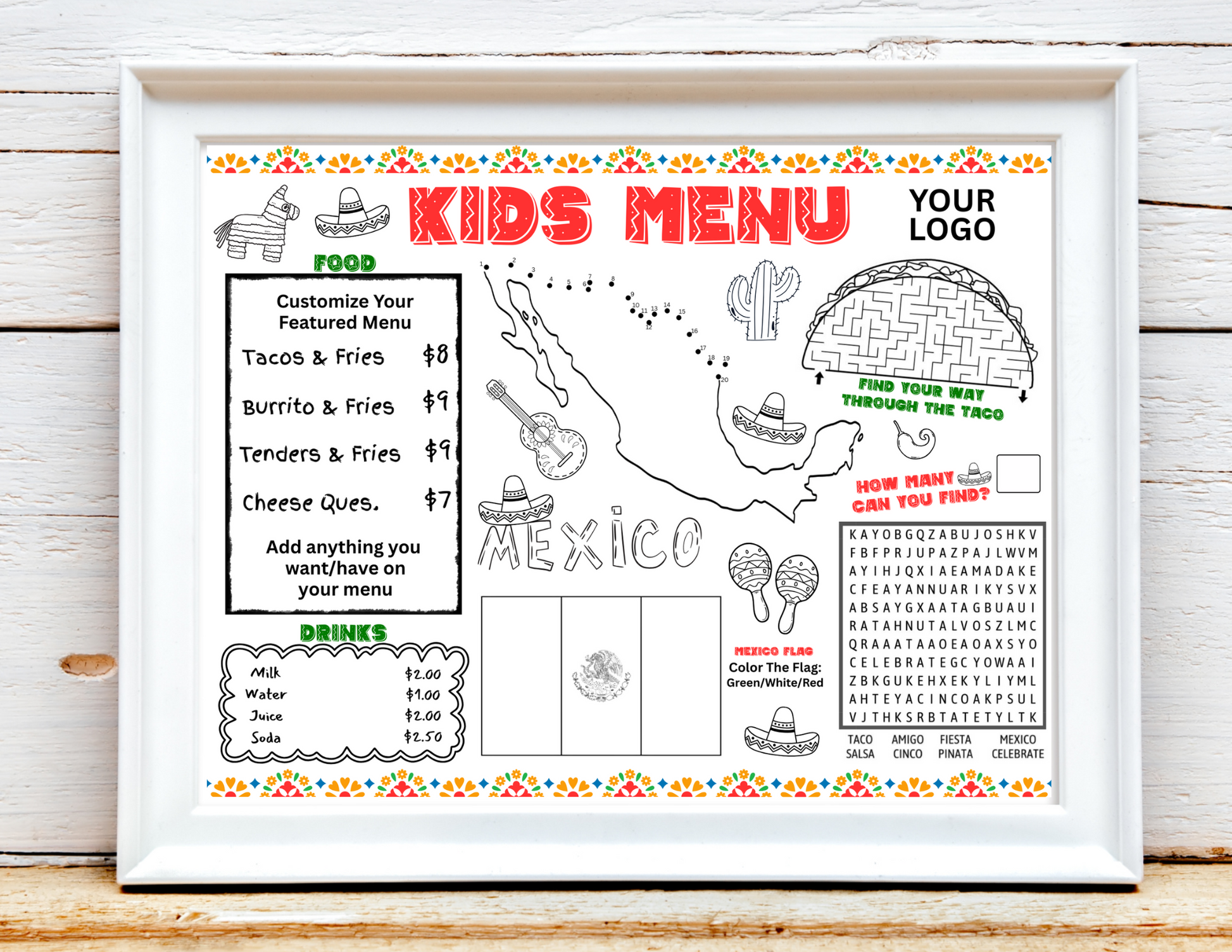 Printable Kid's Menu Template, Mexican Restaurant Editable Kids Menu, Mexican Themed Printable Placemat, Mexico Activity Mat