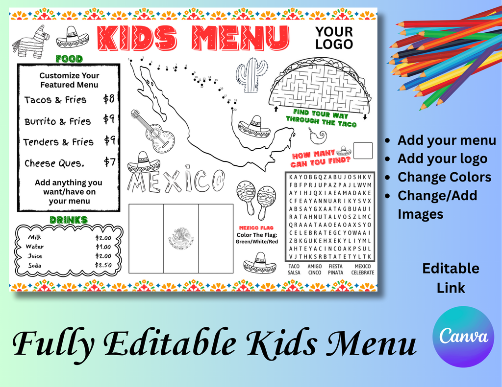 Printable Kid's Menu Template, Mexican Restaurant Editable Kids Menu, Mexican Themed Printable Placemat, Mexico Activity Mat