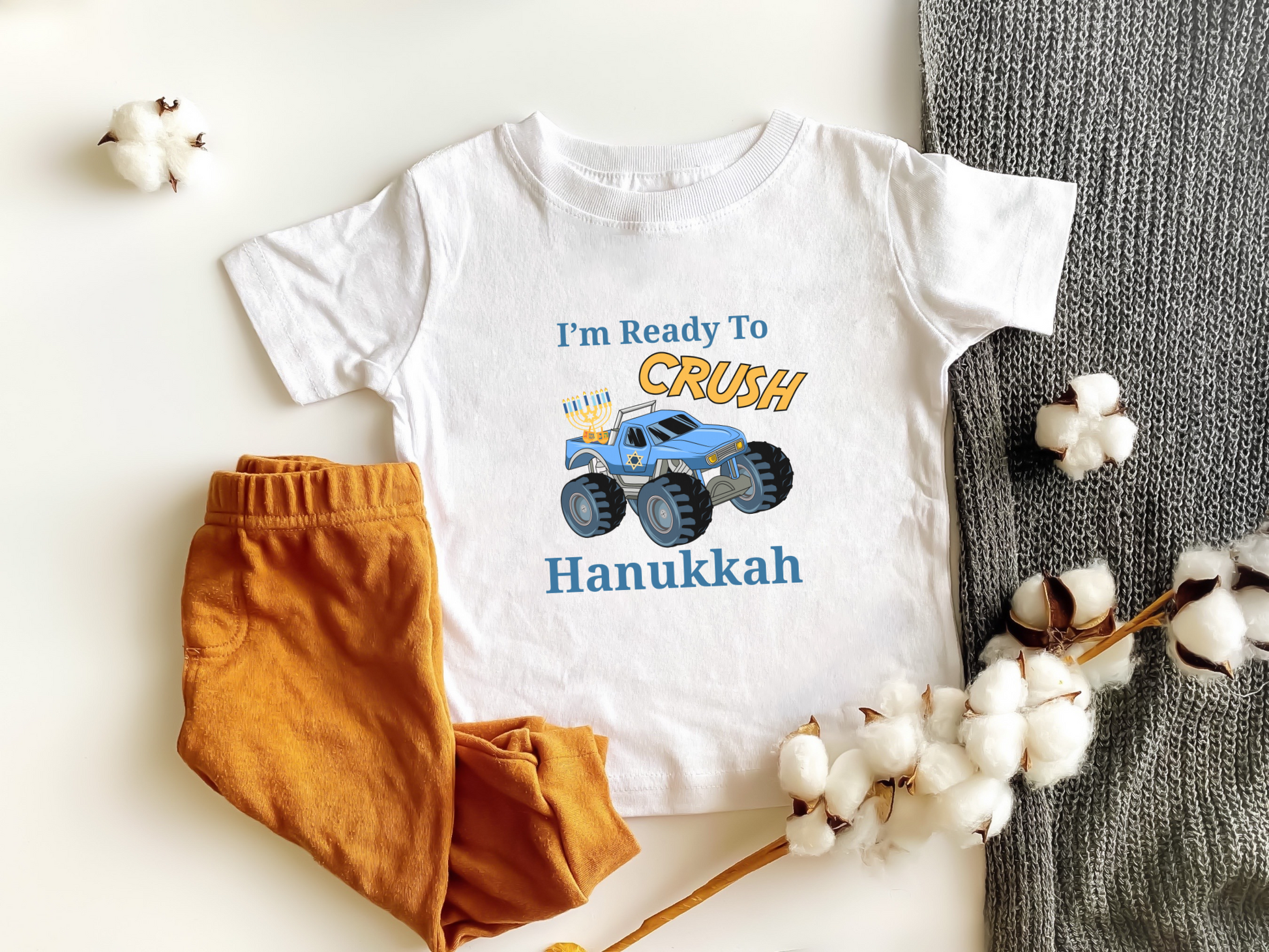 Kids Monster Truck Hanukkah Shirt, I'm Ready To Crush Hanukkah Funny Kids Shirt, Cute Kids Chanukkah T-shirt