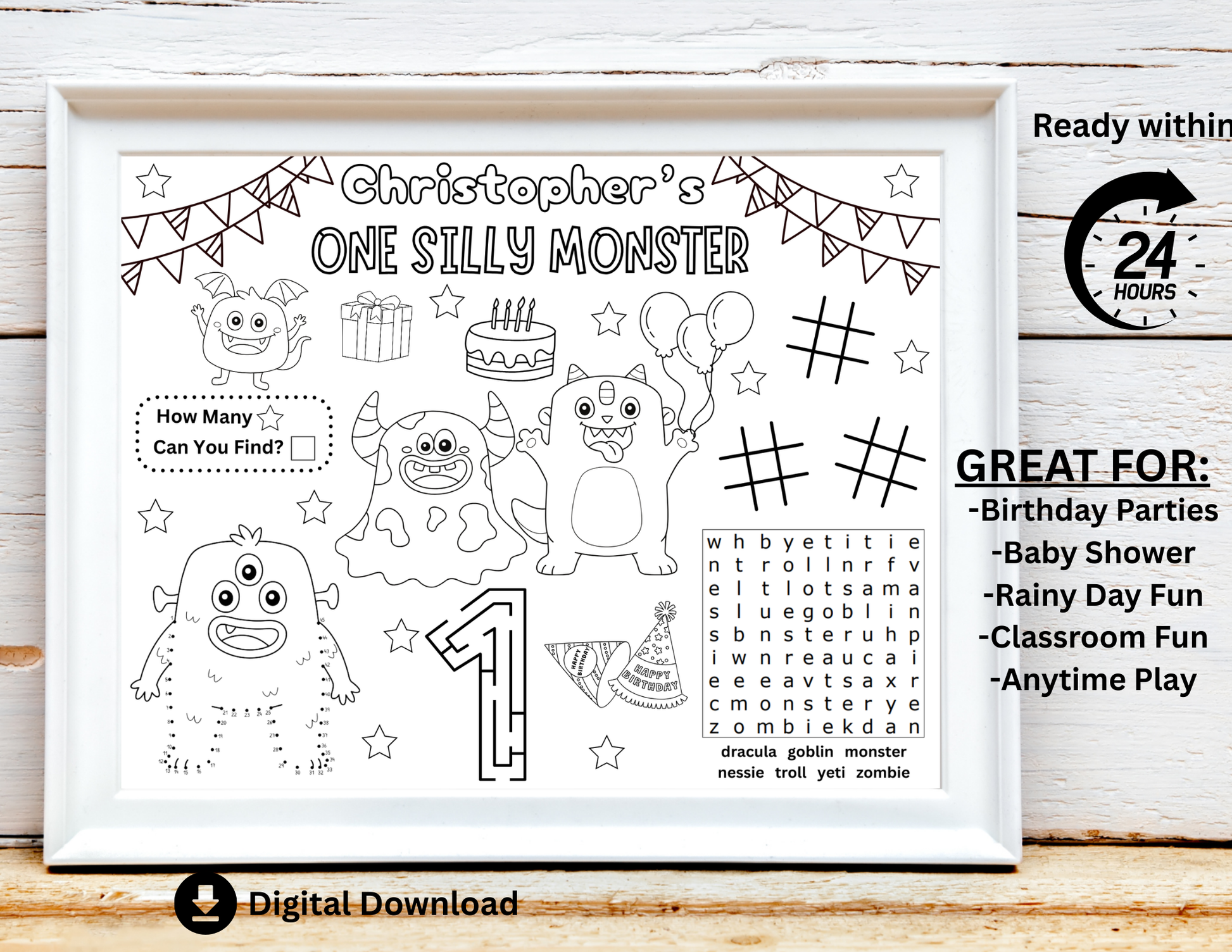 PERSONALIZED One Silly Monster Birthday Activity Sheet, Cute Little Monster Party, Alien Monster Party Placemat, Monster Party Favor Decor