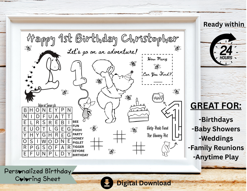 Personalized Classic Winnie the Pooh Birthday Activity Placemat, Pooh Bear Party Games, Hundred Acre Woods Party Favor