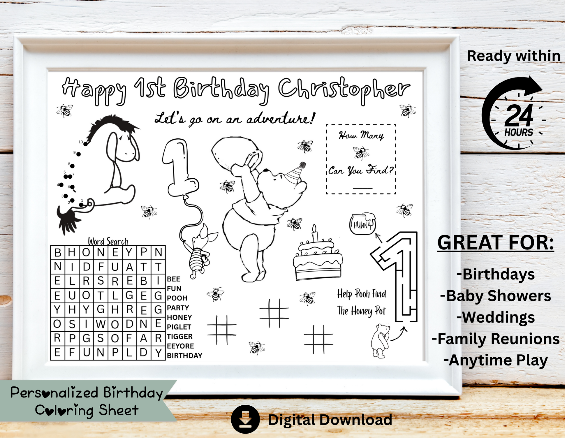 Personalized Classic Winnie the Pooh Birthday Activity Placemat, Pooh Bear Party Games, Hundred Acre Woods Party Favor